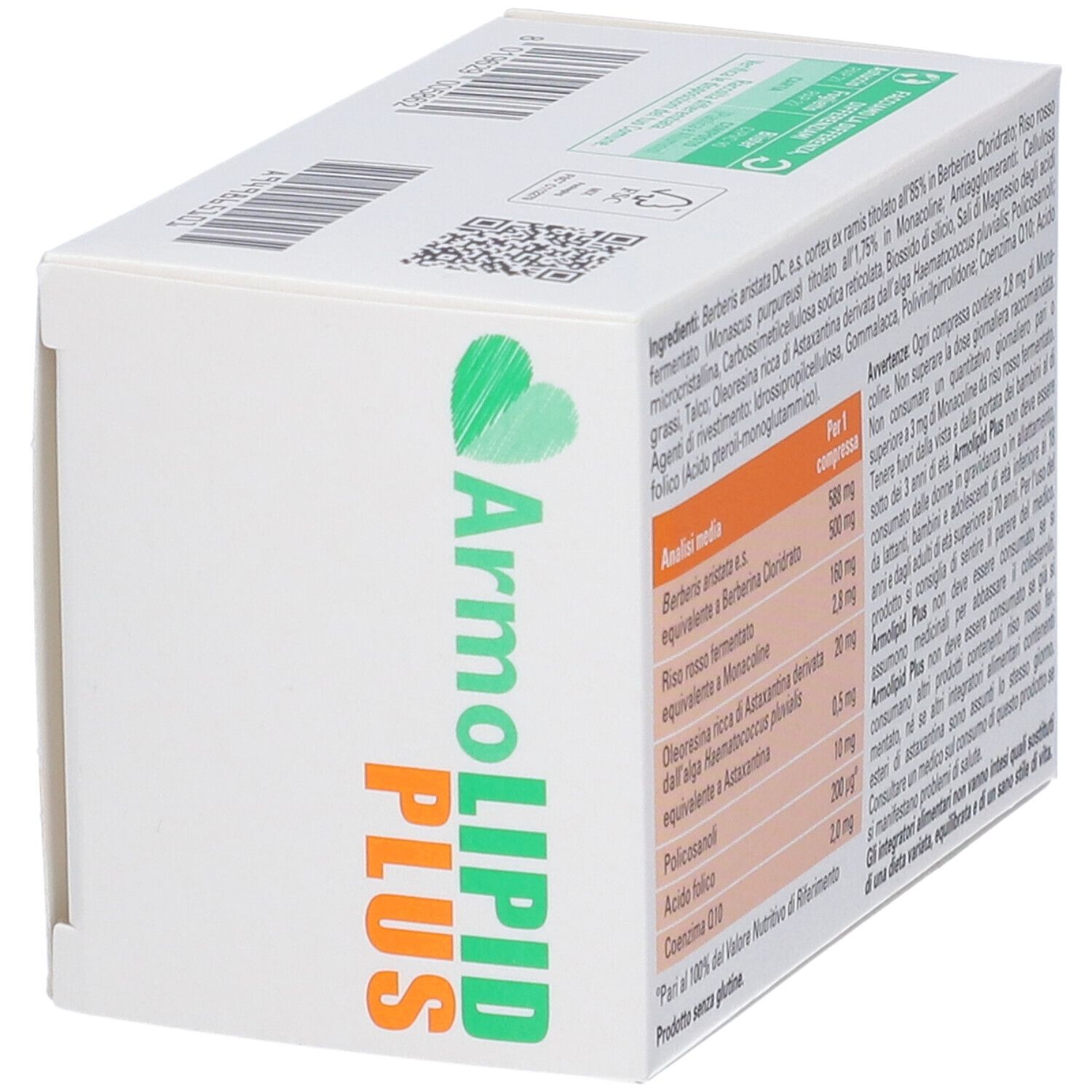 Scatola Armolipid Plus, 70 compresse. Vista laterale. Testo in italiano.