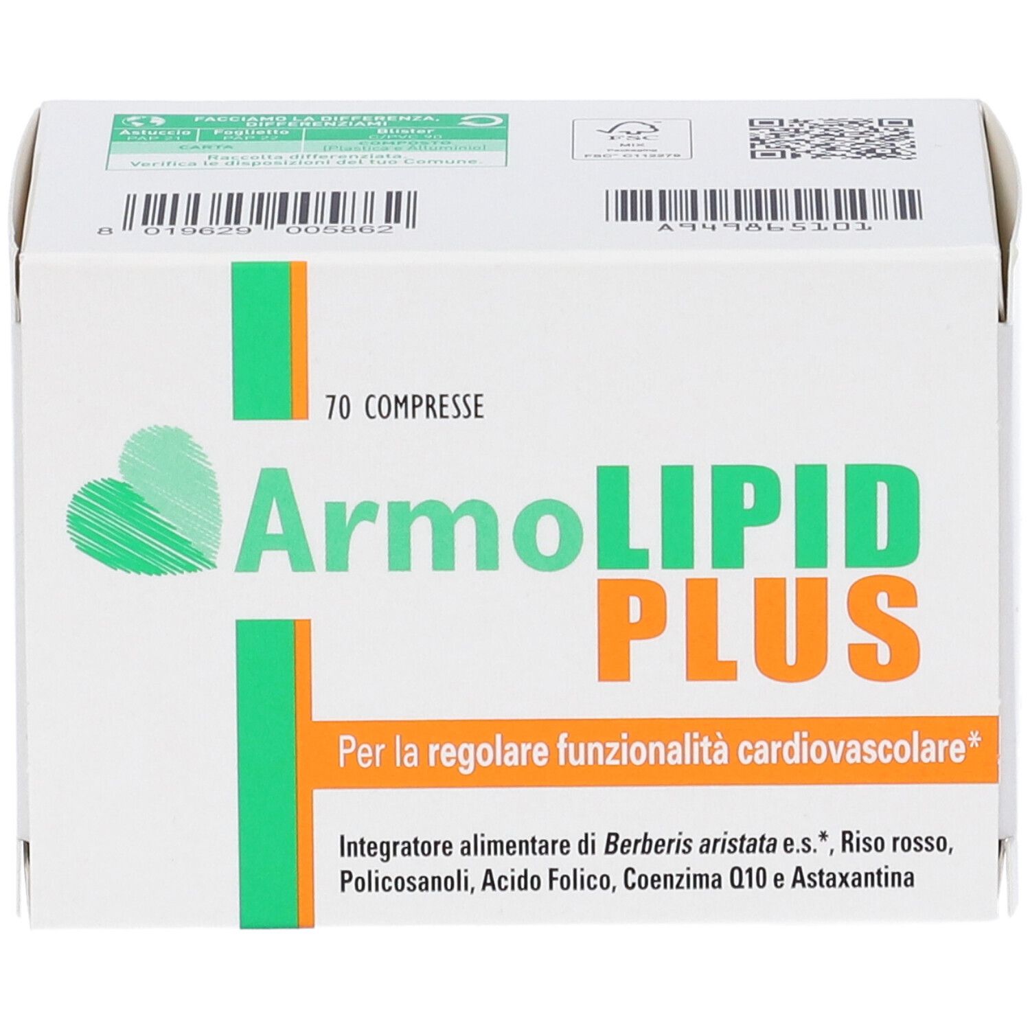 Scatola Armolipid Plus, 70 compresse. Fronte. Testo in italiano.