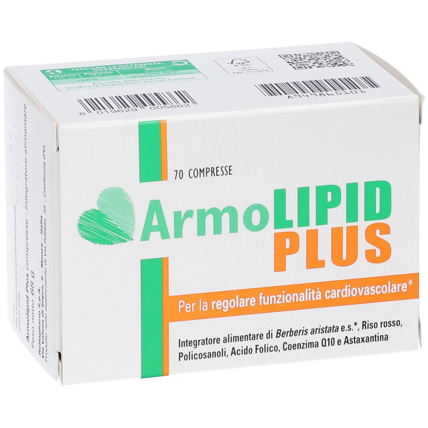 Scatola Armolipid Plus, 70 compresse. Fronte. Testo in italiano.