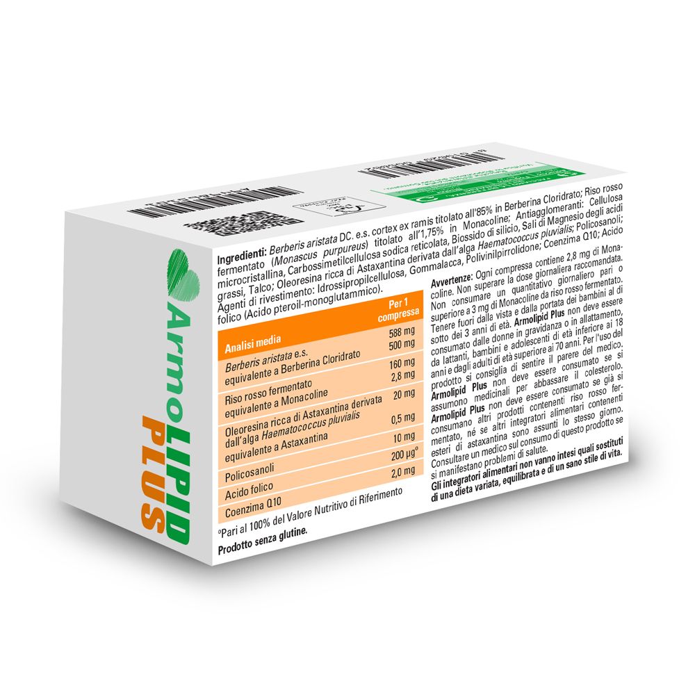 Retro della scatola Armolipid Plus. Testo in italiano. Elenco ingredienti e informazioni nutrizionali.