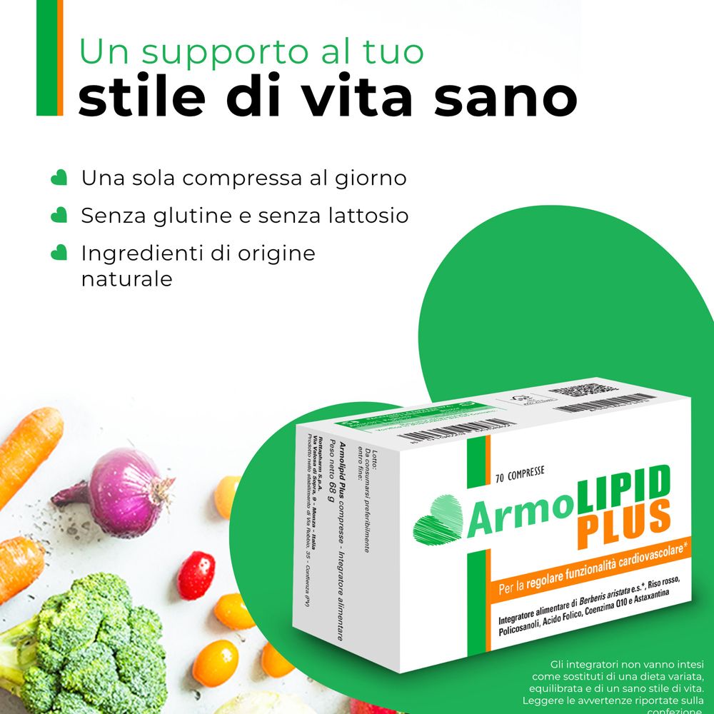 Scatola Armolipid Plus con verdure. Testo in italiano. Slogan: Un supporto al tuo stile di vita sano.