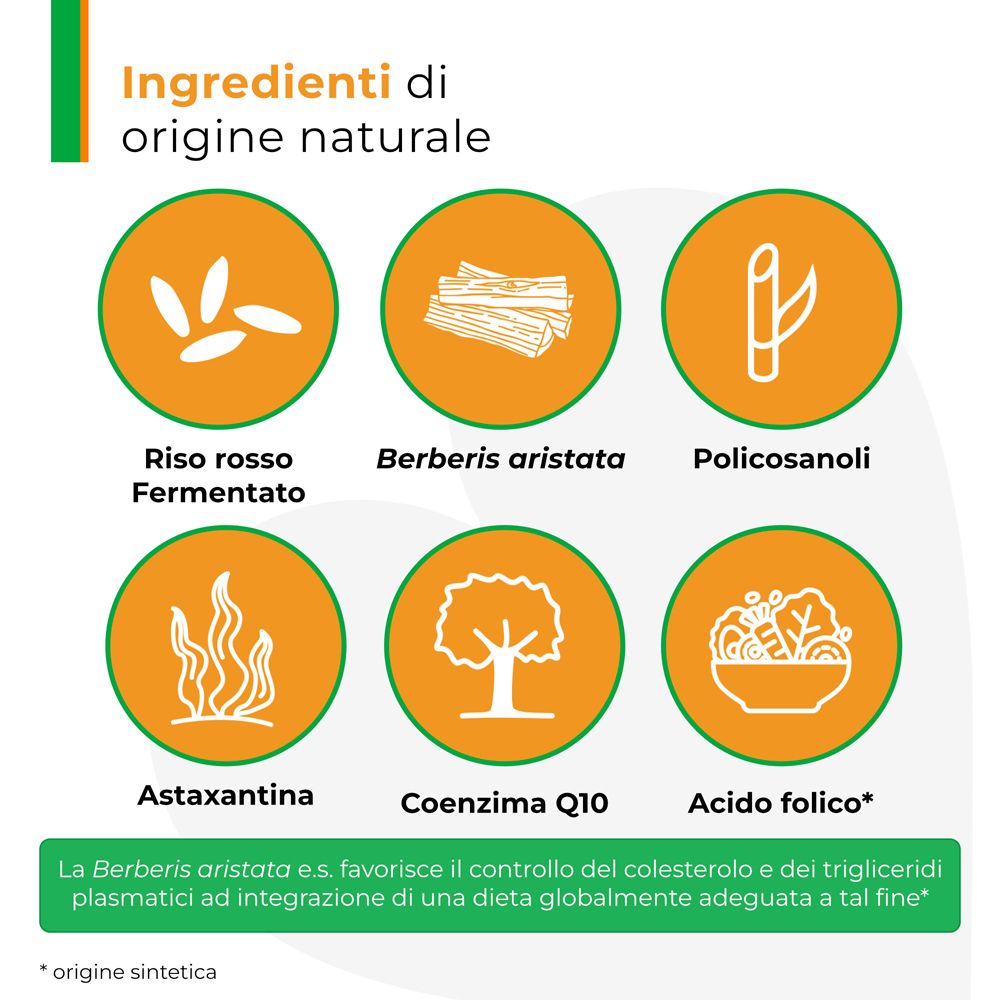 Rappresentazione grafica degli ingredienti. Testo in italiano. Sei cerchi con simboli.