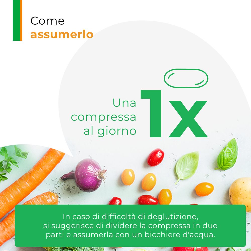 Grafico con una compressa e verdure. Testo in italiano. Assunzione: 1 compressa al giorno.