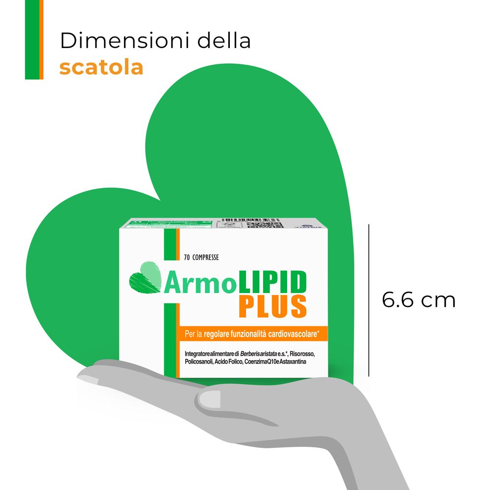 Mano che tiene la scatola Armolipid Plus. Dimensioni: 6,6 cm. Testo in italiano.