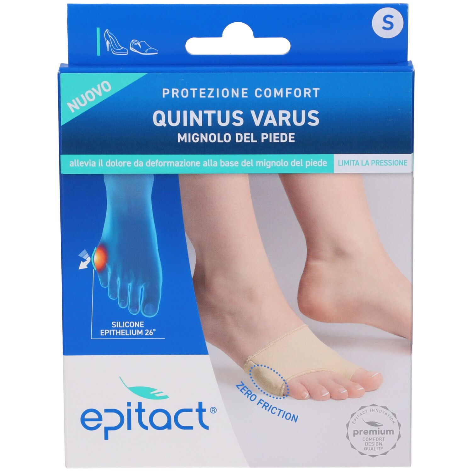 Verpackung von Epitact Protezione Quintus Varus Piede S. Blaue und weiße Schachtel mit Produktabbildung und Fuß. Text: Protezione Comfort Quintus Varus.