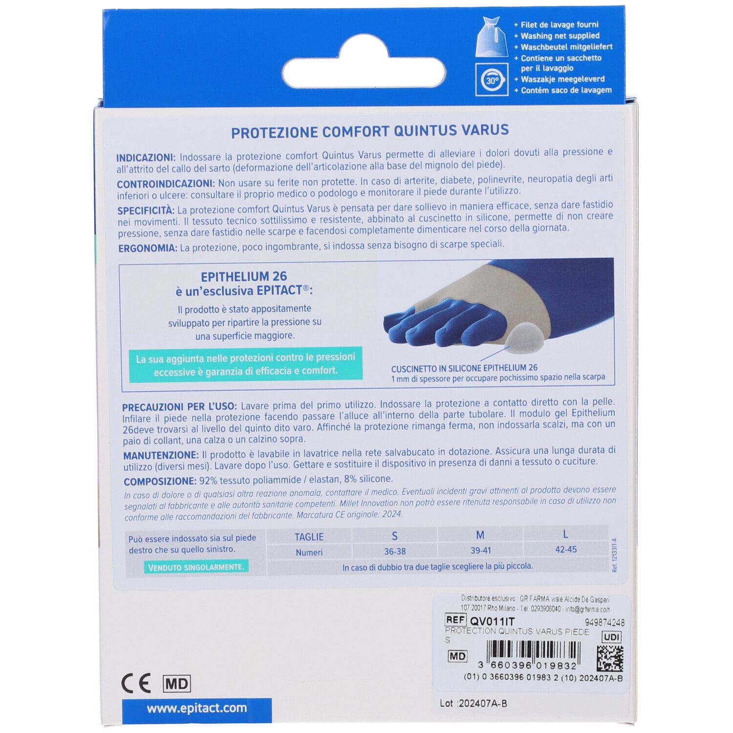 Rückseite der Epitact Protezione Quintus Varus Piede S Verpackung. Textinformationen, Produktbeschreibung, Gebrauchsanweisung und Größenangaben. CE-Kennzeichnung.