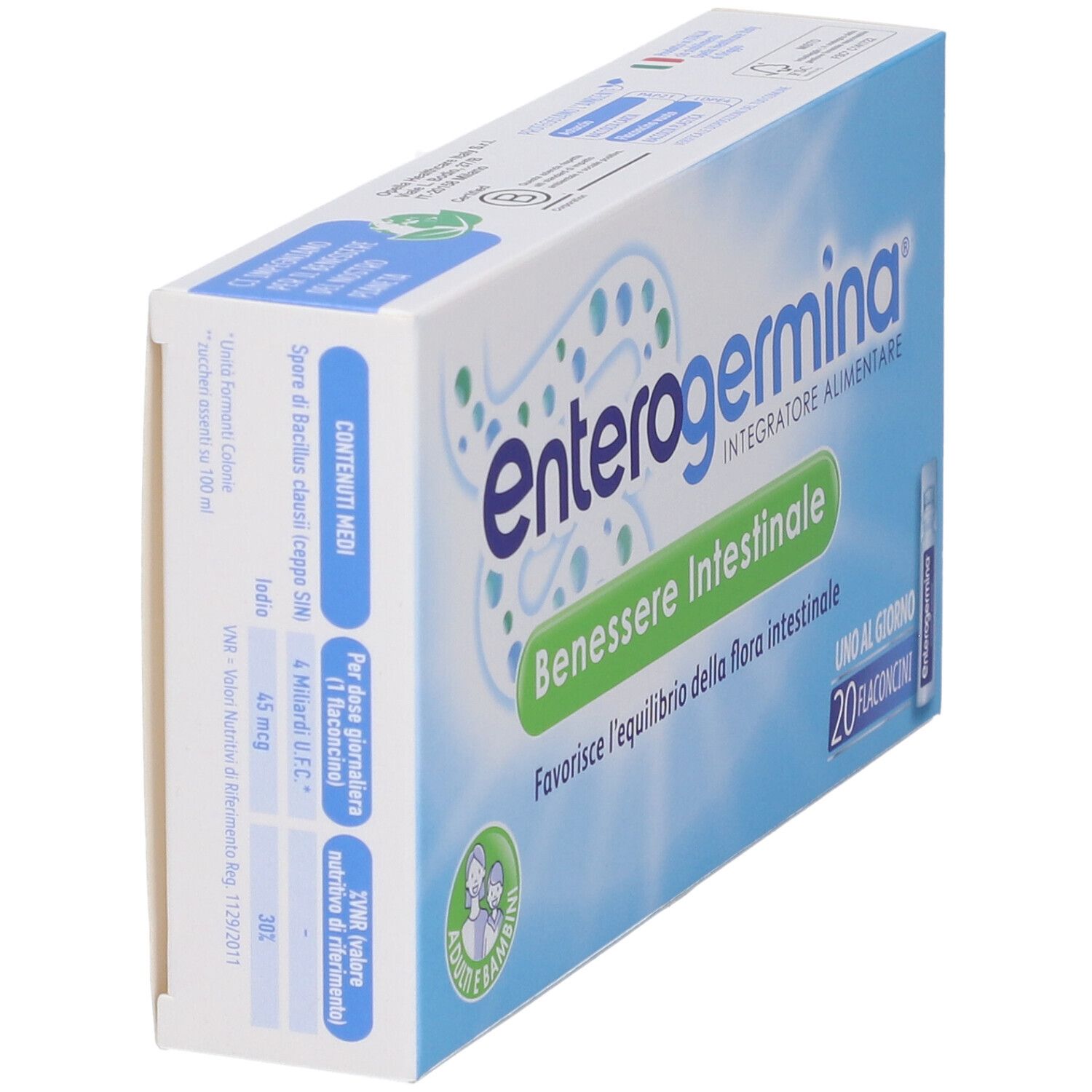 Retro della confezione Enterogermina con informazioni su ingredienti e uso.