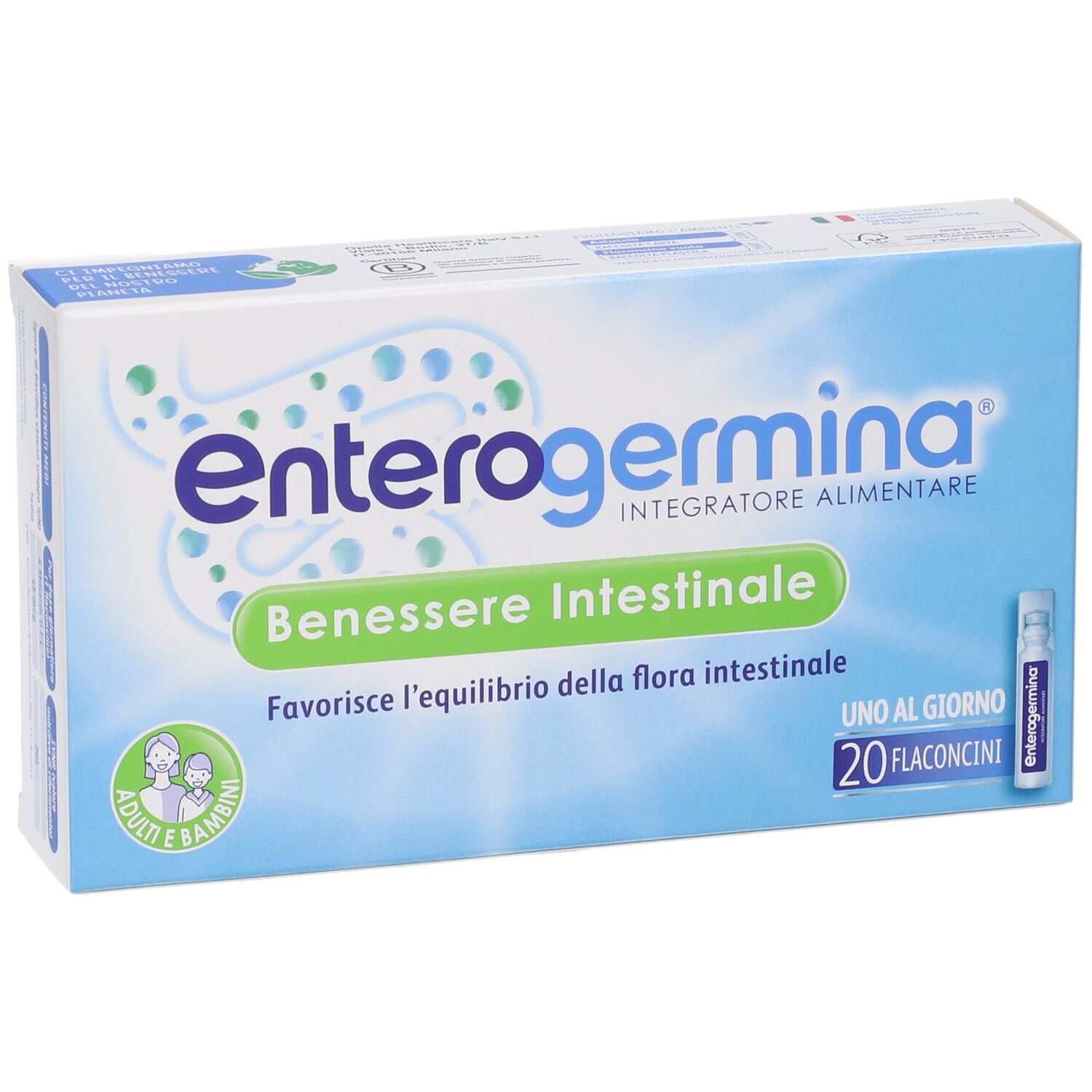 Enterogermina Benessere Intestinale, confezione da 20 flaconcini.