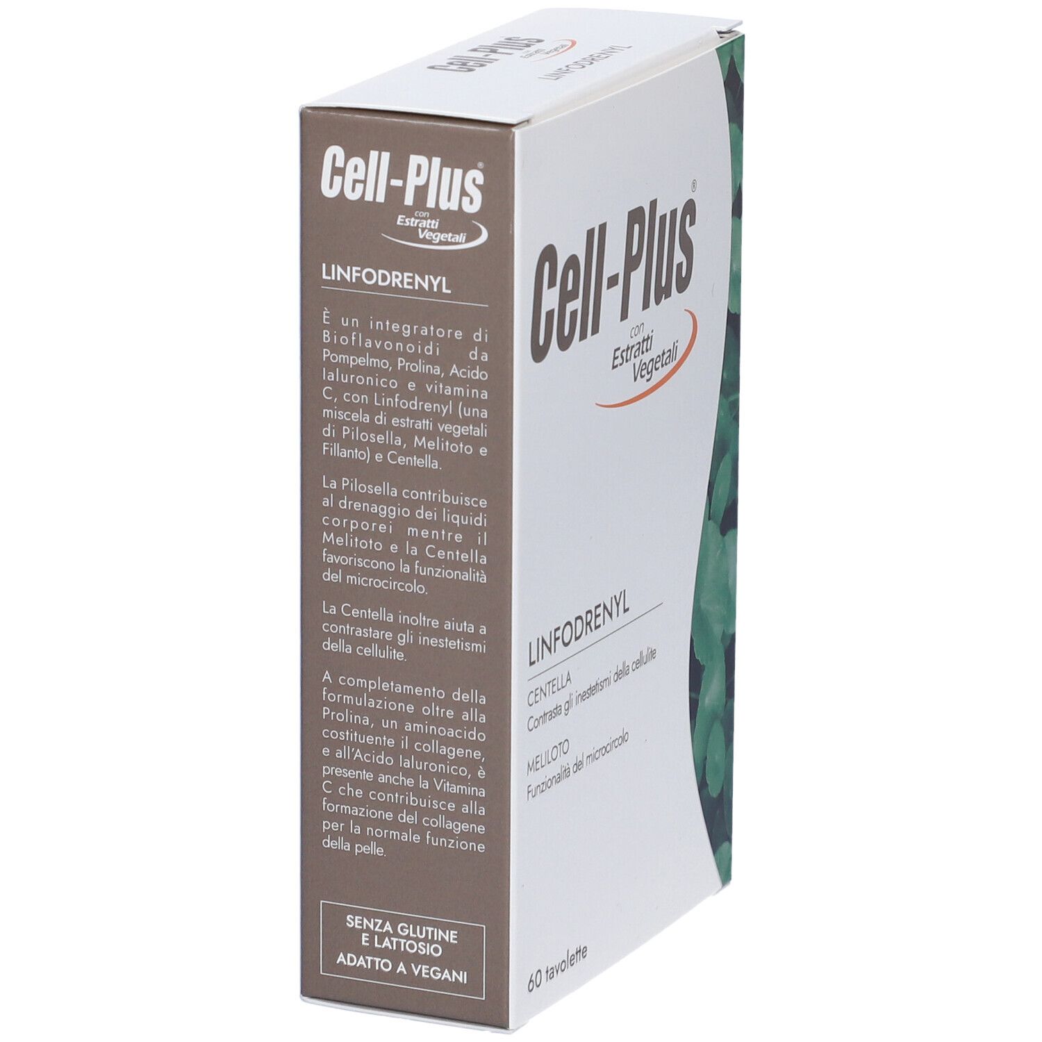 Cell-Plus-Verpackung mit 'Linfodrenyl'. Enthält 60 Tabletten. Text in italienischer Sprache. Weiße Schachtel mit grünen Blättern.