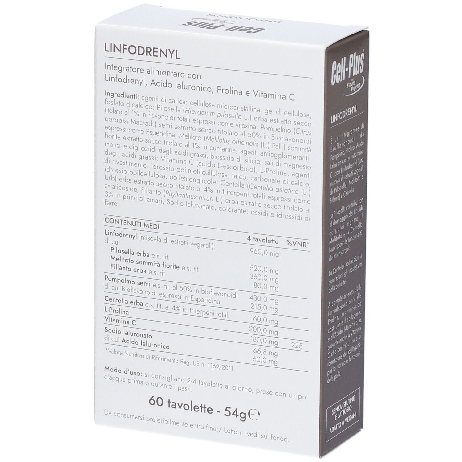 Cell-Plus-Verpackung mit 'Linfodrenyl'. Enthält 60 Tabletten. Text in italienischer Sprache. Nährwertangaben.