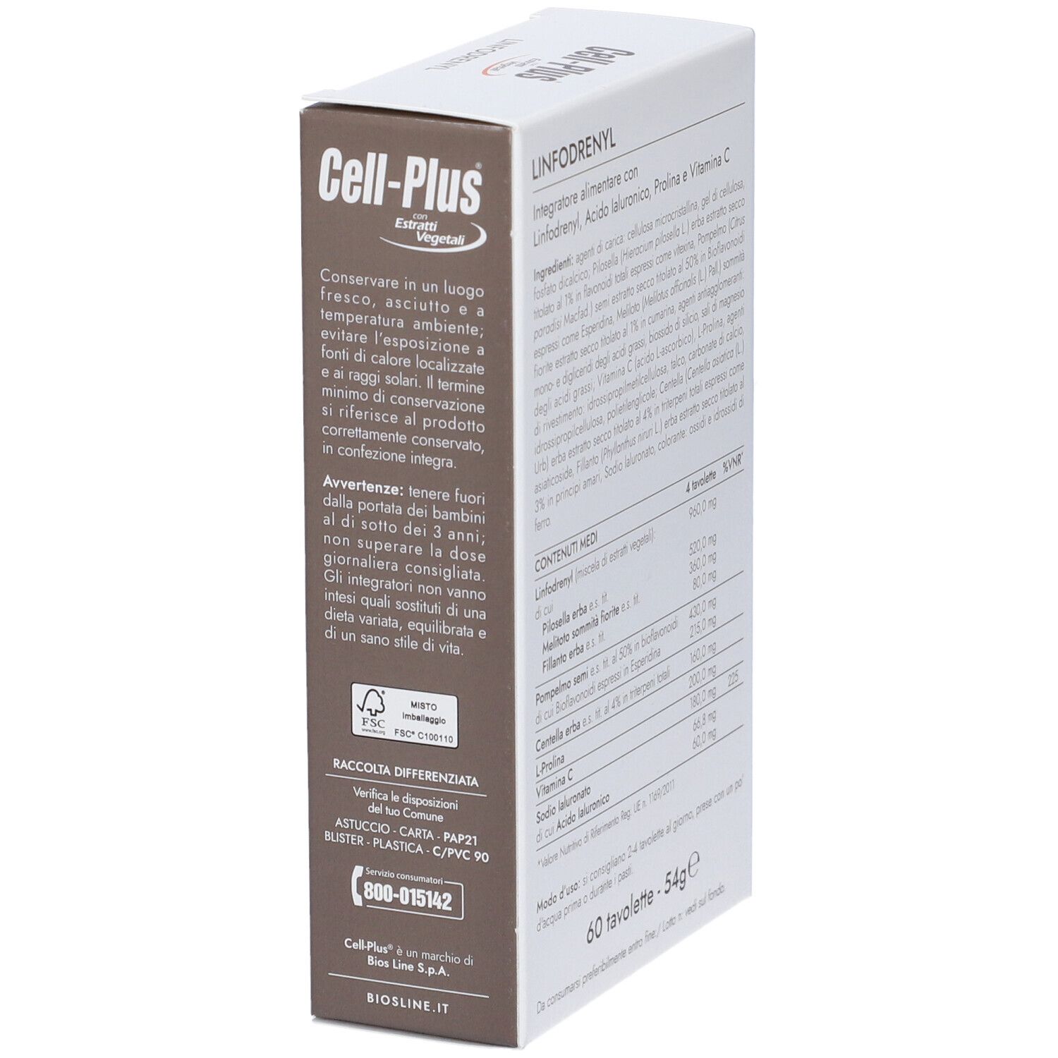 Cell-Plus-Verpackung mit 'Linfodrenyl'. Enthält 60 Tabletten. Text in italienischer Sprache. Lagerungshinweise.