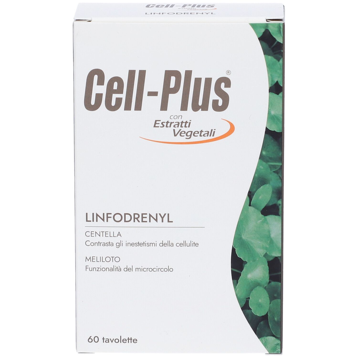 Cell-Plus-Verpackung mit 'Linfodrenyl'. Enthält 60 Tabletten. Weiße Schachtel mit grünen Blättern und italienischem Text.