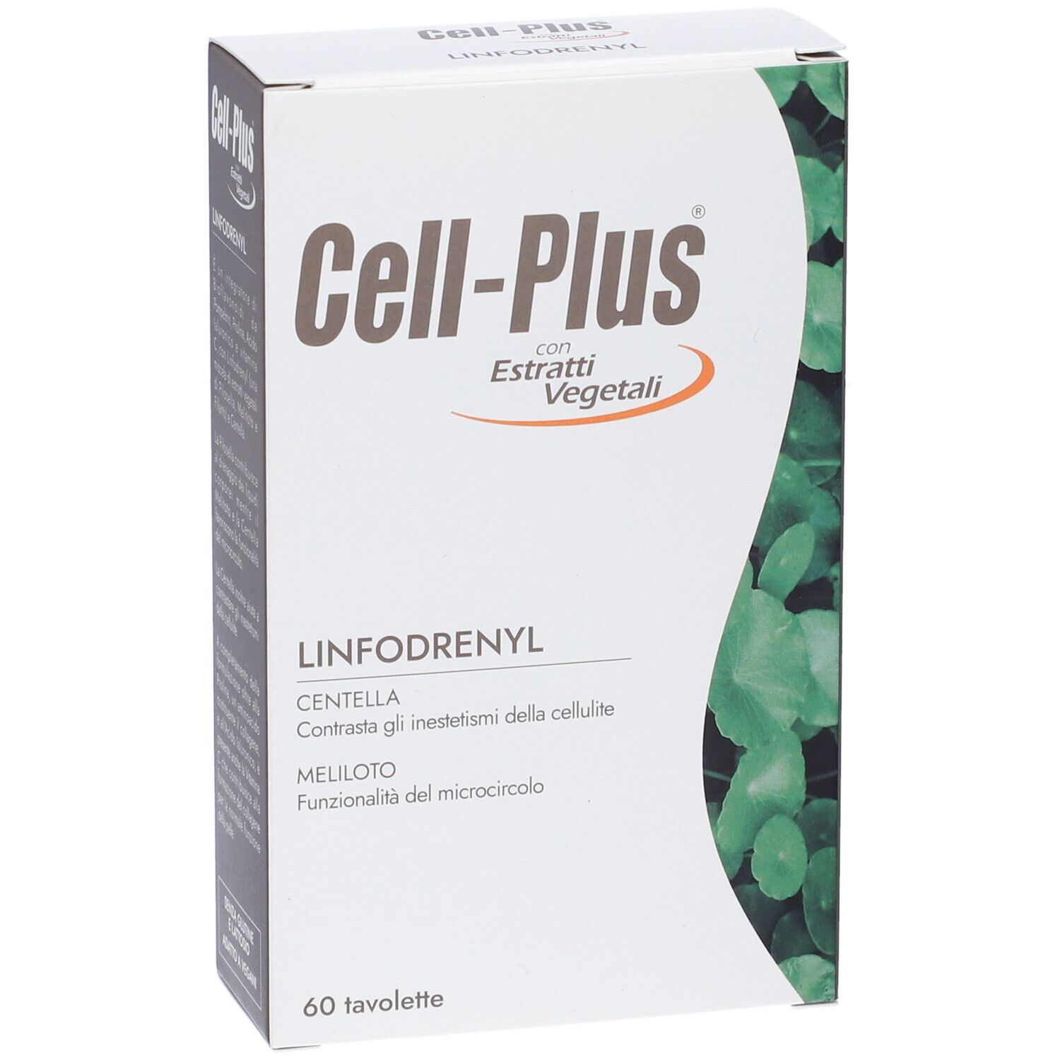 Cell-Plus-Verpackung mit 'Linfodrenyl'. Enthält 60 Tabletten. Weiße Schachtel mit grünen Blättern und italienischem Text.