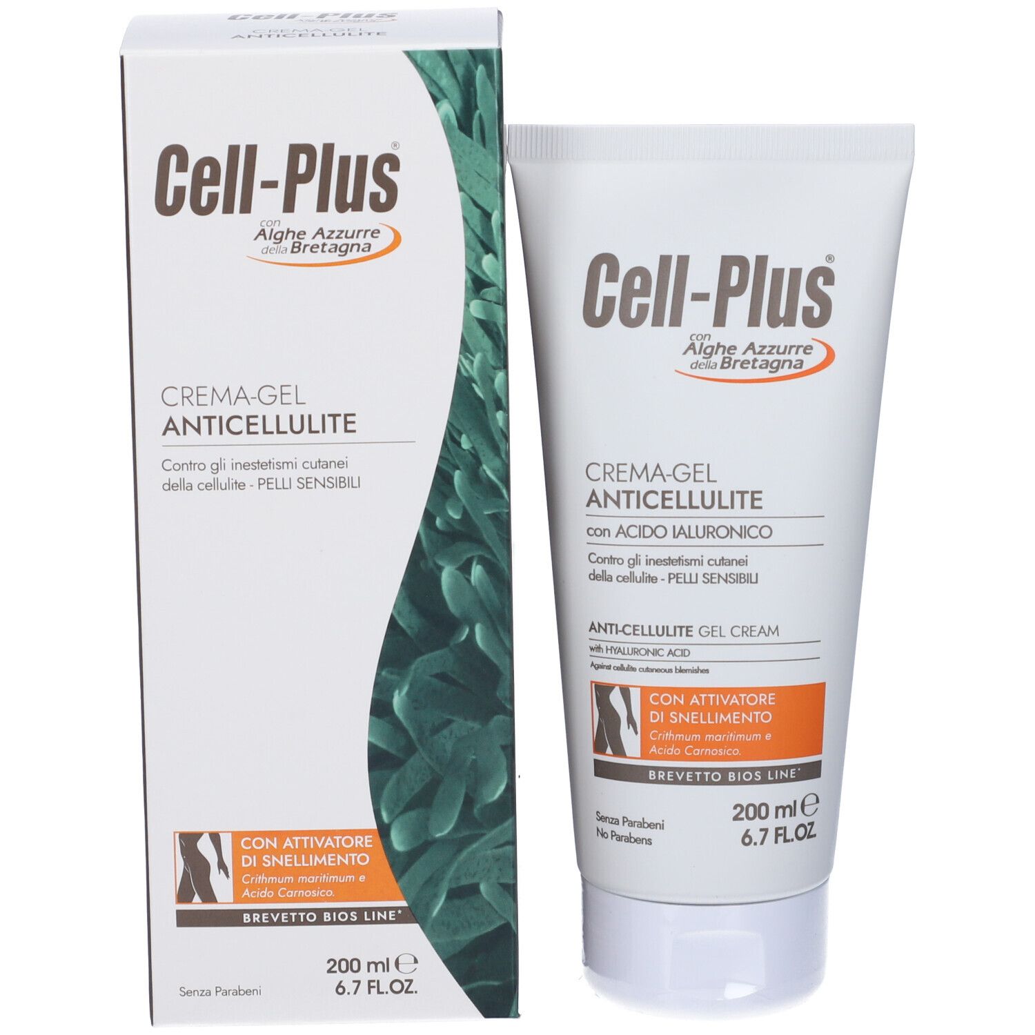 Cell-Plus Creme-Gel Anticellulite in Schachtel und Tube. Beide mit Produktnamen und Logo. 200 ml.