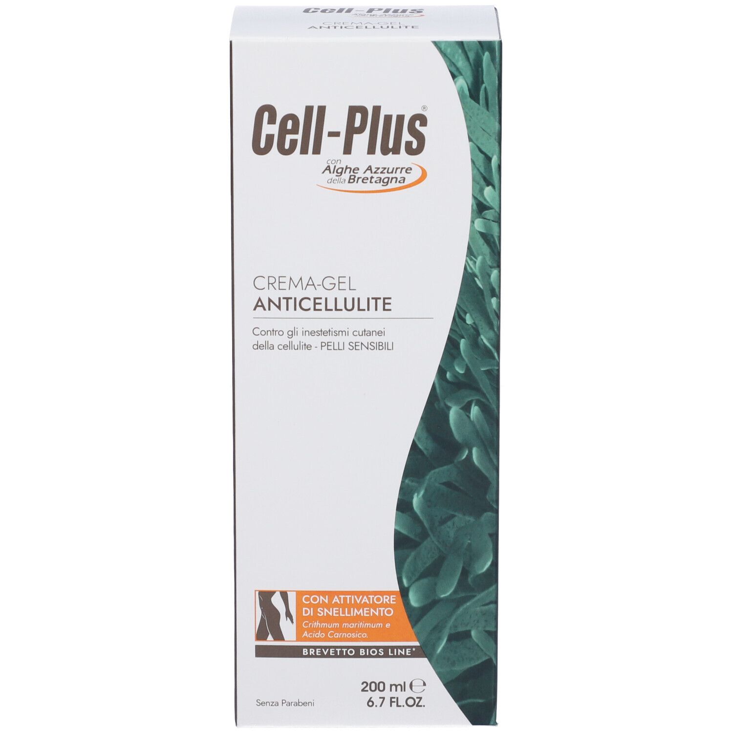 Schachtel mit Cell-Plus Creme-Gel Anticellulite. Produktname und Logo. 200 ml. Mit Algen-Motiv.