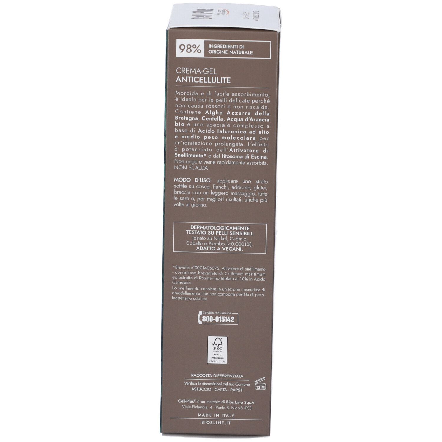 Schachtel mit Cell-Plus Creme-Gel Anticellulite. Produktname und Logo. 200 ml. Rückseite mit Text.