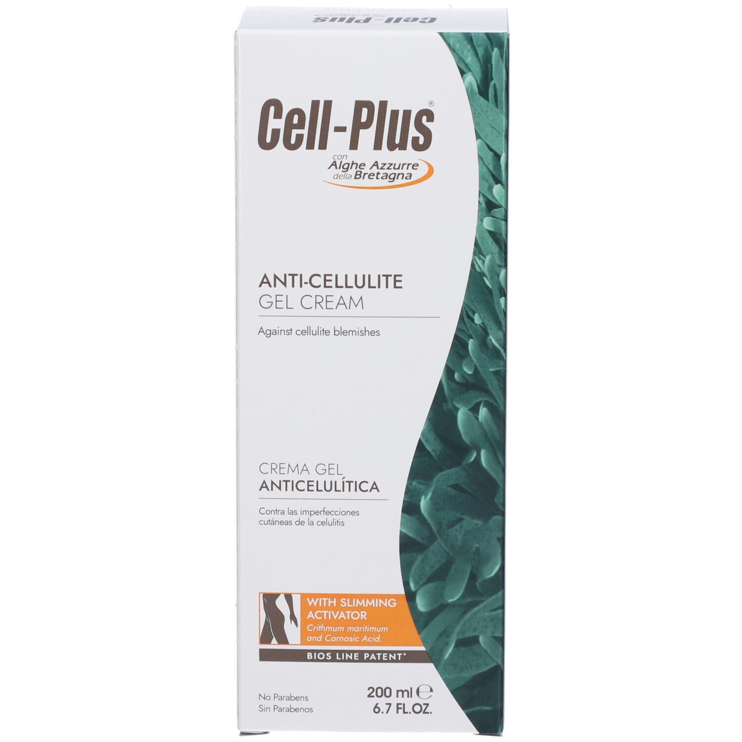 Schachtel mit Cell-Plus Anti-Cellulite Gel Cream. Produktname und Logo. 200 ml. Mit Schlankheits-Aktivator.