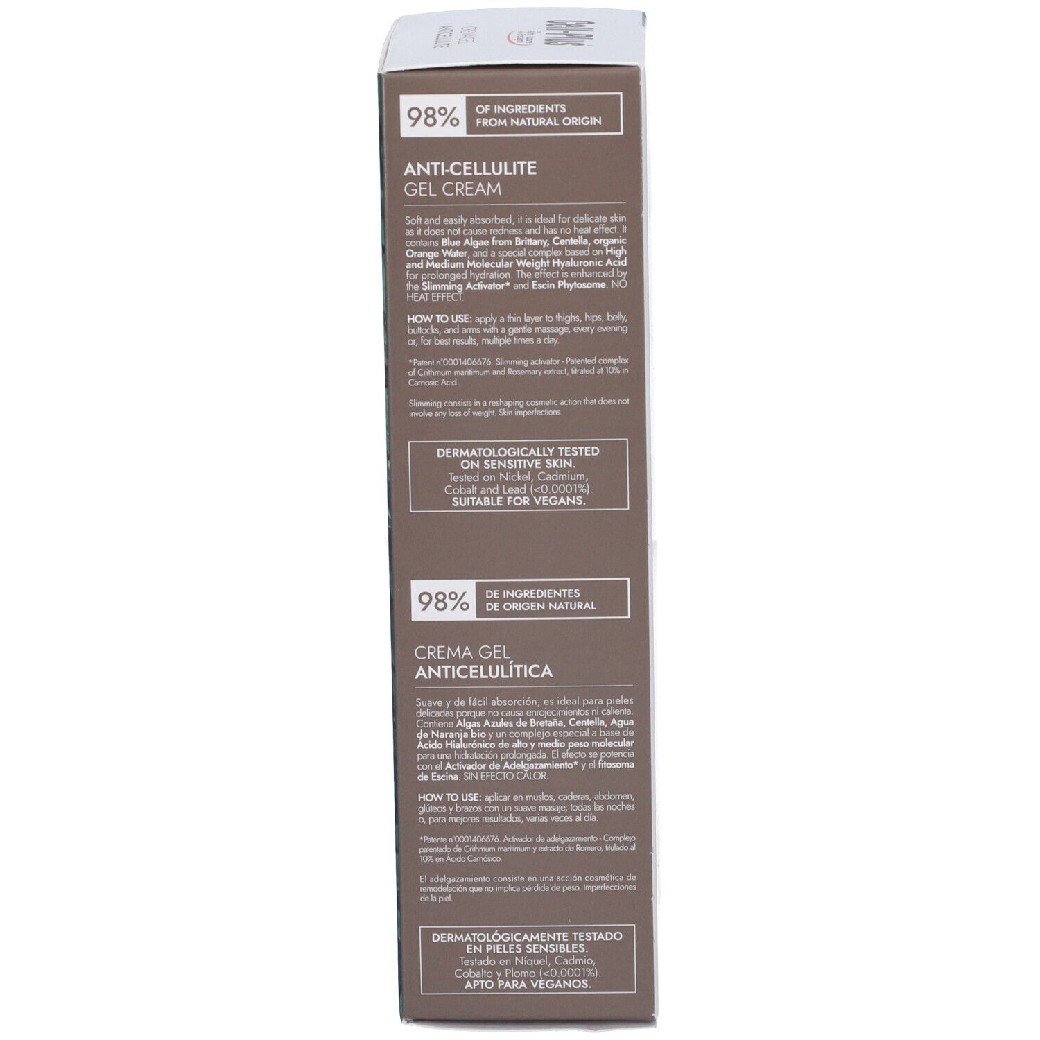 Rückseite der Cell-Plus Anti-Cellulite Gel Cream Schachtel. Text in italienischer Sprache. 98% Inhaltsstoffe natürlichen Ursprungs.