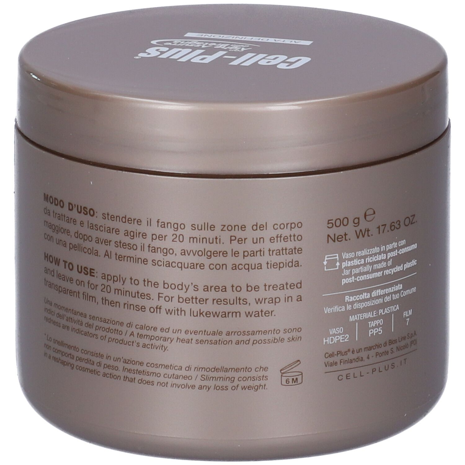 Braune Dose mit Deckel. Auf der Seite Text mit Anwendungshinweisen in italienischer und englischer Sprache. Gewicht: 500 g.