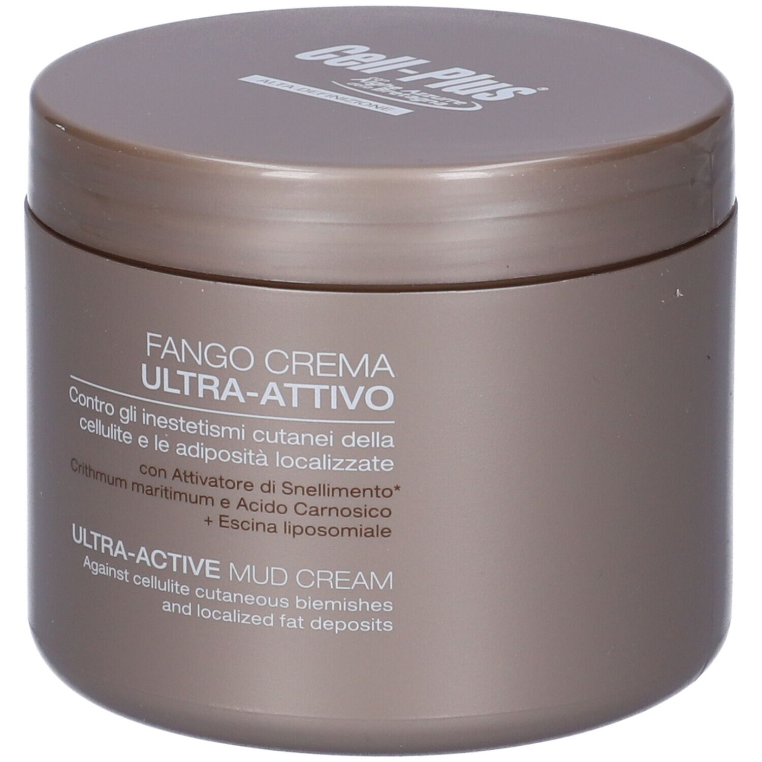 Braune Dose mit Deckel. Aufschrift: Fango Crema Ultra-Attivo. Text in italienischer und englischer Sprache.