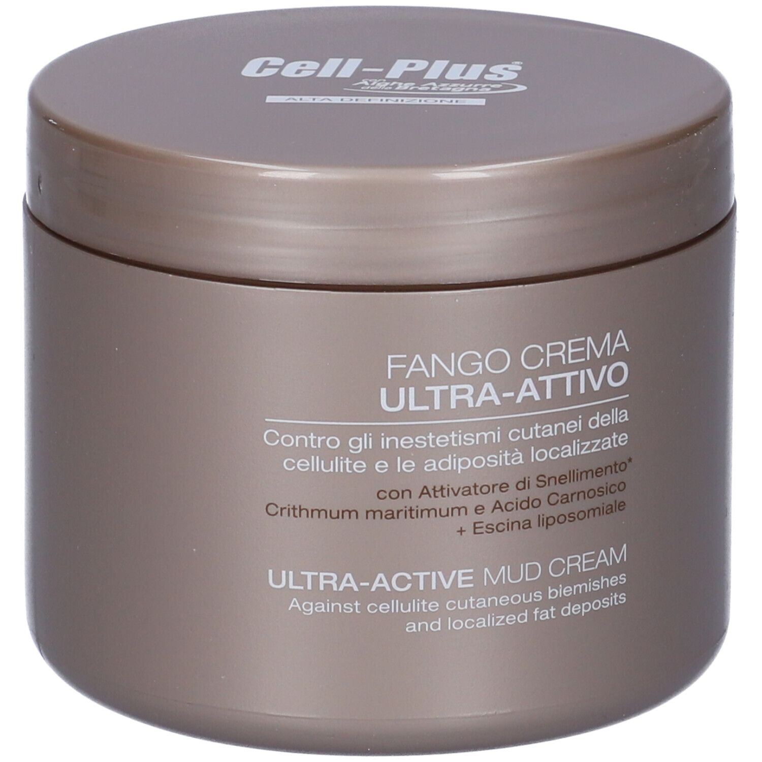 Braune Dose mit Deckel. Aufschrift: Fango Crema Ultra-Attivo. Text in italienischer und englischer Sprache.