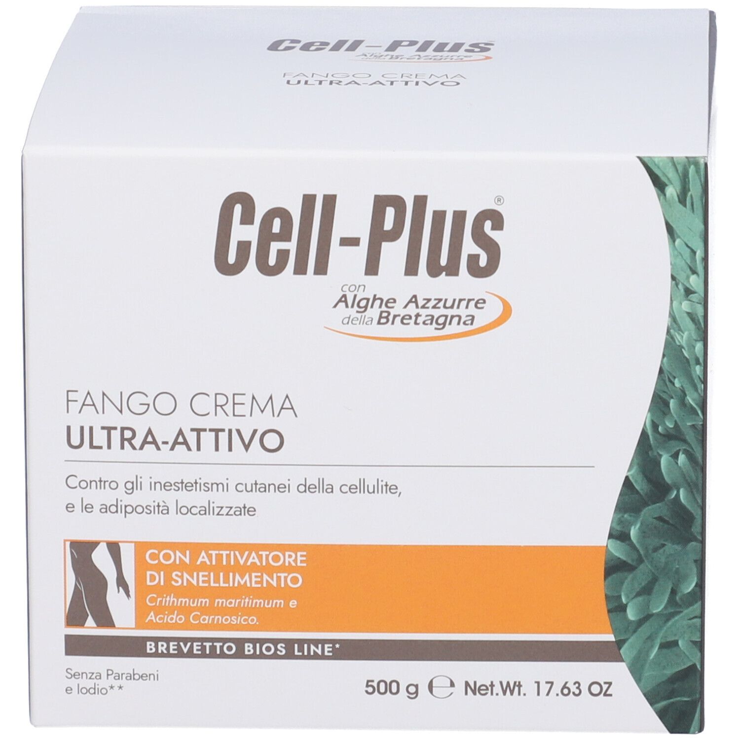 Weiße Produktverpackung. Aufschrift: Fango Crema Ultra-Attivo. Logo und Text in italienischer Sprache.
