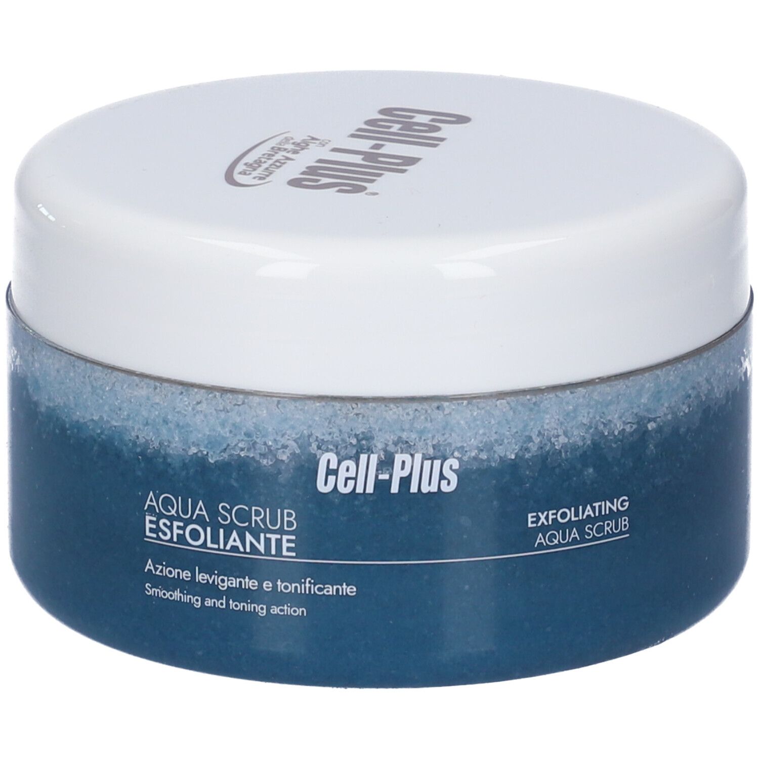 Runder Behälter mit blauem Inhalt und weißem Deckel. Aufschrift Cell-Plus und Aqua Scrub Esfoliante.