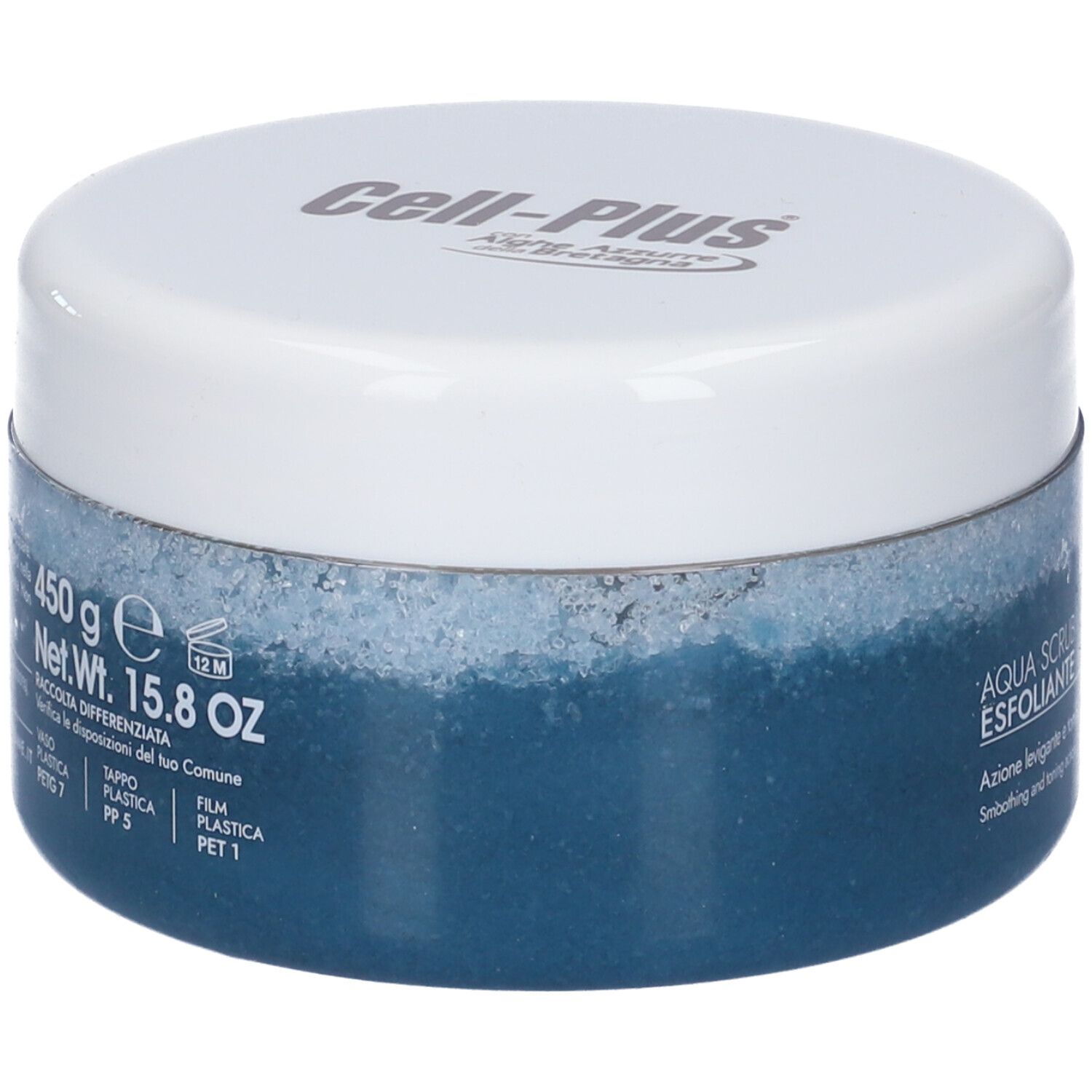 Runder Behälter mit blauem Inhalt und weißem Deckel. Aufschrift Cell-Plus und Aqua Scrub Esfoliante. Gewicht 450g.