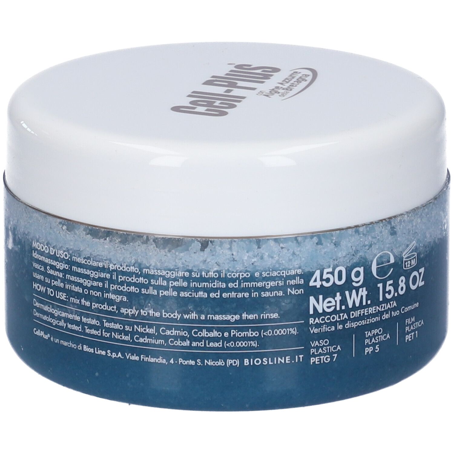 Runder Behälter mit blauem Inhalt und weißem Deckel. Aufschrift Cell-Plus und Aqua Scrub Esfoliante. Gewicht 450g.