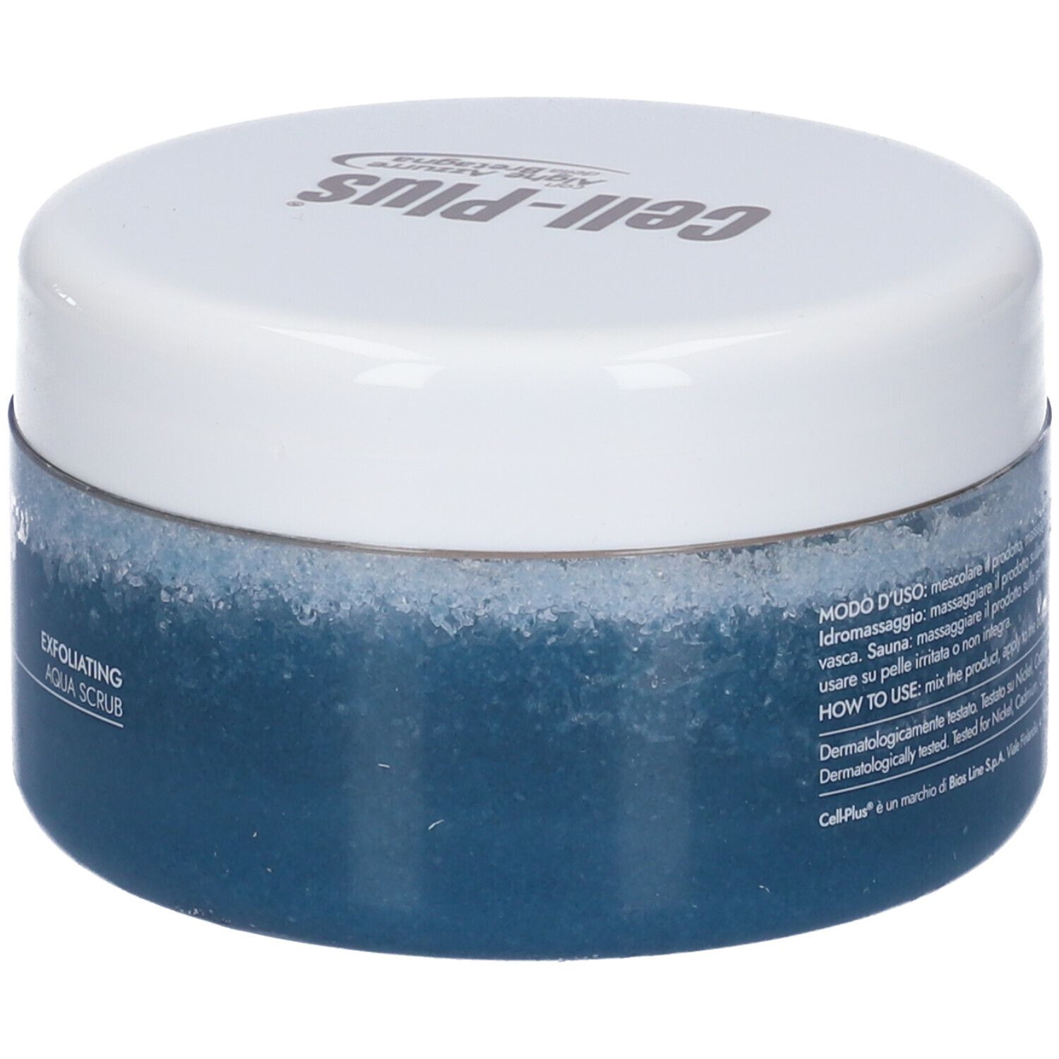 Runder Behälter mit blauem Inhalt und weißem Deckel. Aufschrift Cell-Plus und Aqua Scrub. Text auf Italienisch.