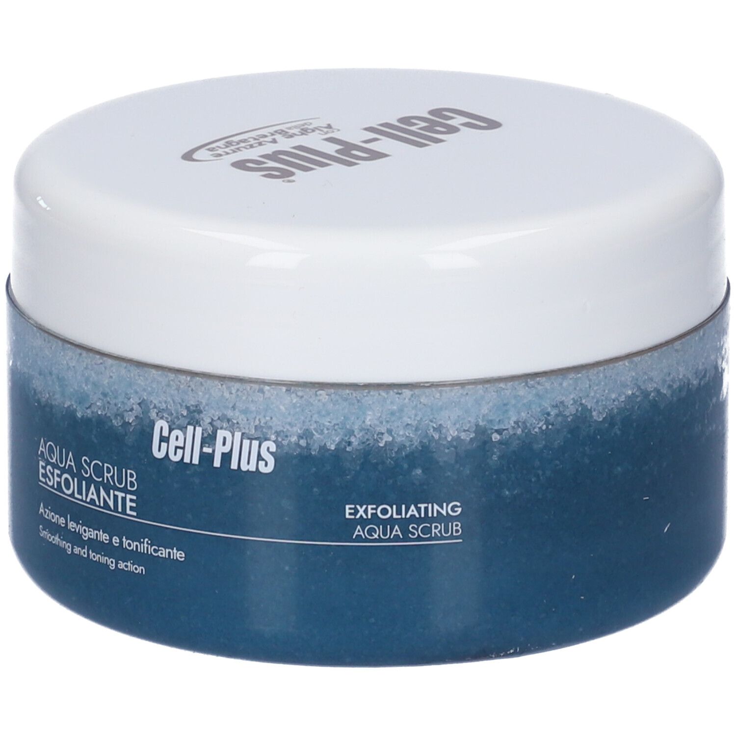 Runder Behälter mit blauem Inhalt und weißem Deckel. Aufschrift Cell-Plus und Aqua Scrub Esfoliante. Text auf Italienisch.