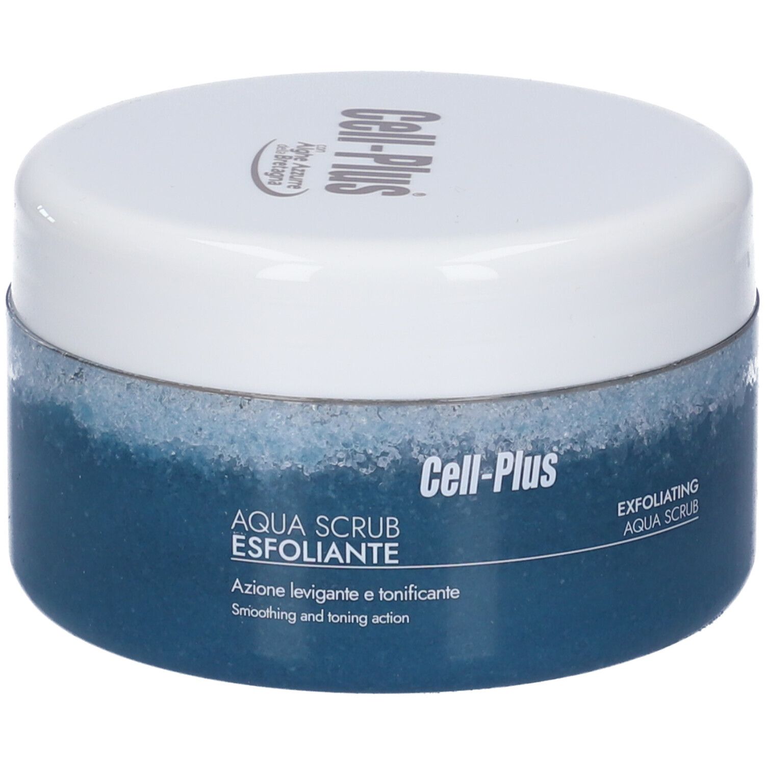 Runder Behälter mit blauem Inhalt und weißem Deckel. Aufschrift Cell-Plus und Aqua Scrub Esfoliante. Text auf Italienisch.