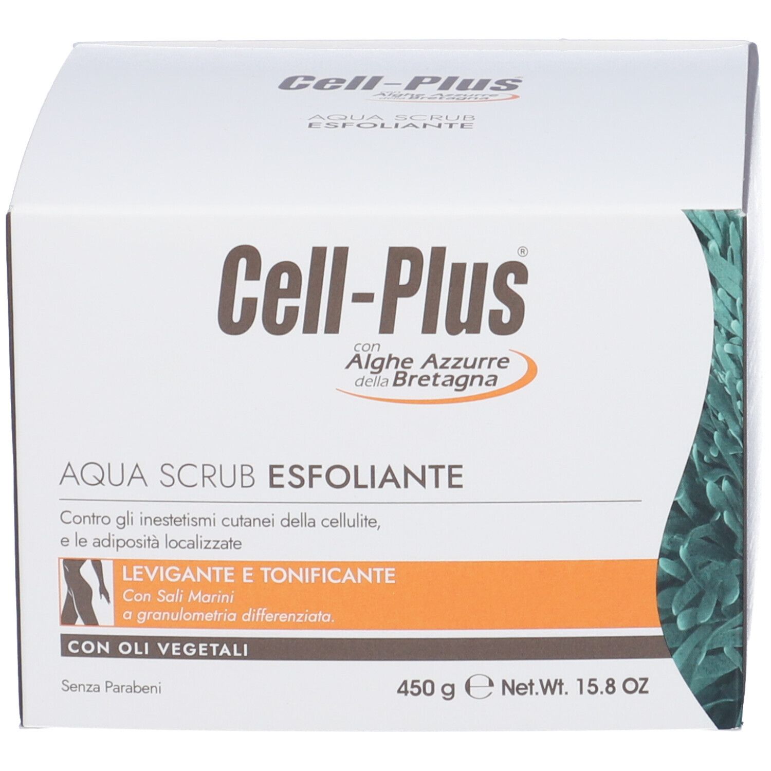 Weiße Produktverpackung mit Text und Abbildung. Aufschrift Cell-Plus und Aqua Scrub Esfoliante. Gewicht 450g.
