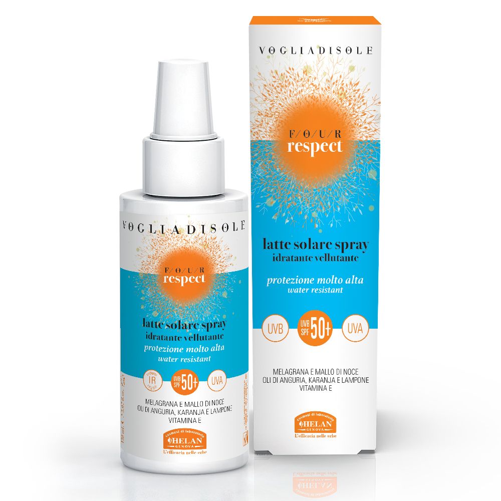 Helan, Vogliadisole Respect - Crema Solare 50+ Spray, Alta Protezione Solare 50+ Contro Eritemi E Scottature, Crema Corpo Profumata Idratante Water Resistant Con Vitamina E Contro Raggi Uva/Uvb 150 Ml