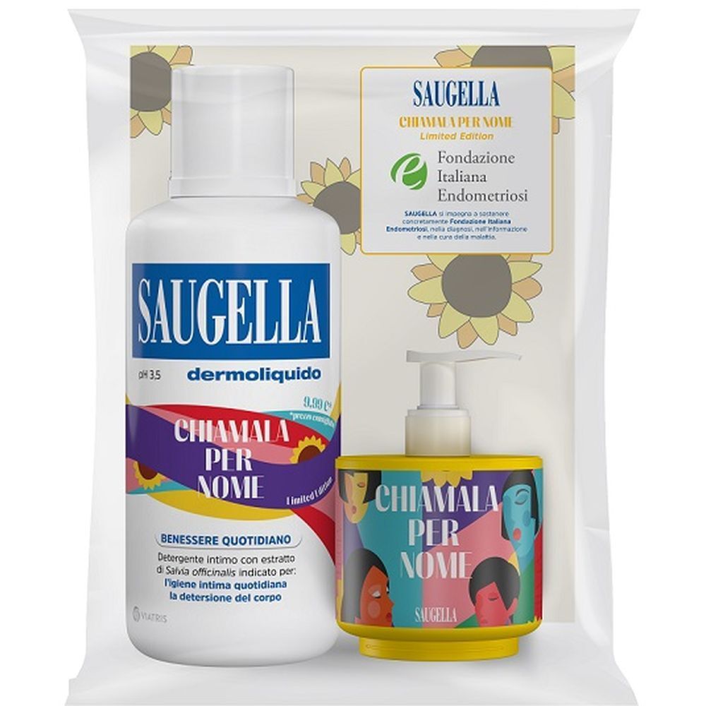 Set di due flaconi in confezione trasparente. Flacone bianco con etichetta blu e flacone giallo con dosatore.