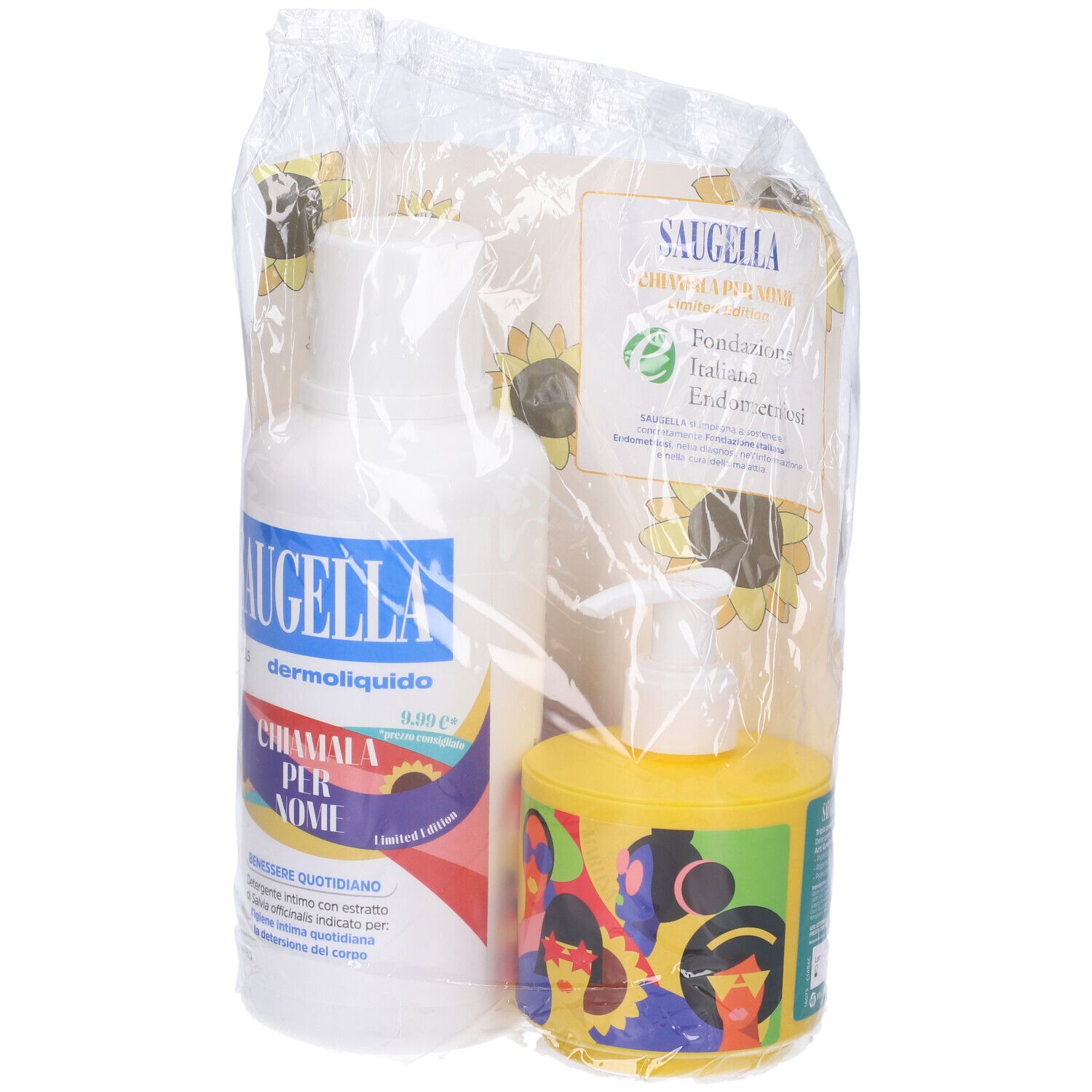 Set in confezione trasparente. Flacone bianco con etichetta blu e flacone giallo con dosatore. Marchio: Saugella.