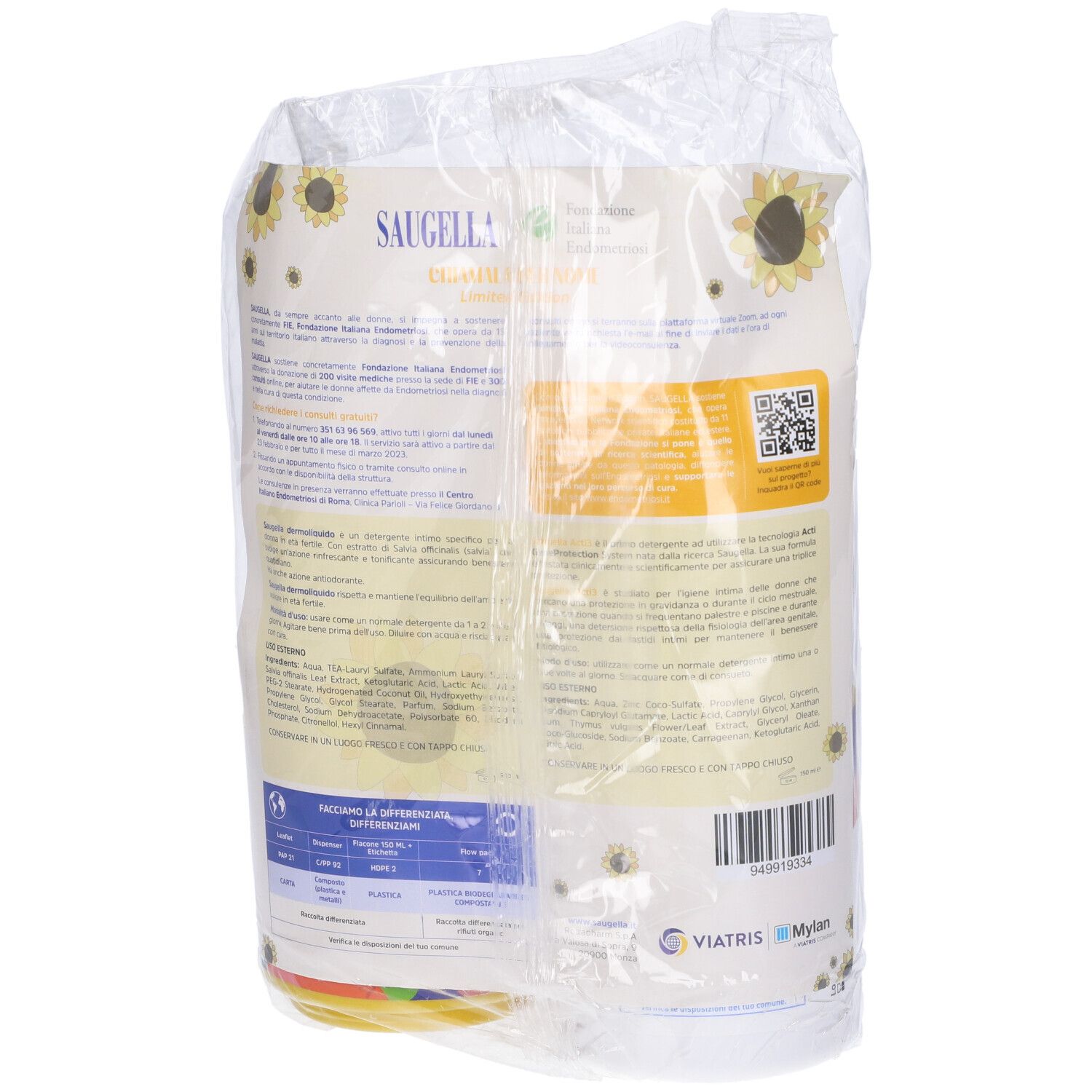 Retro della confezione. Testo e loghi su sfondo bianco. Confezione trasparente.