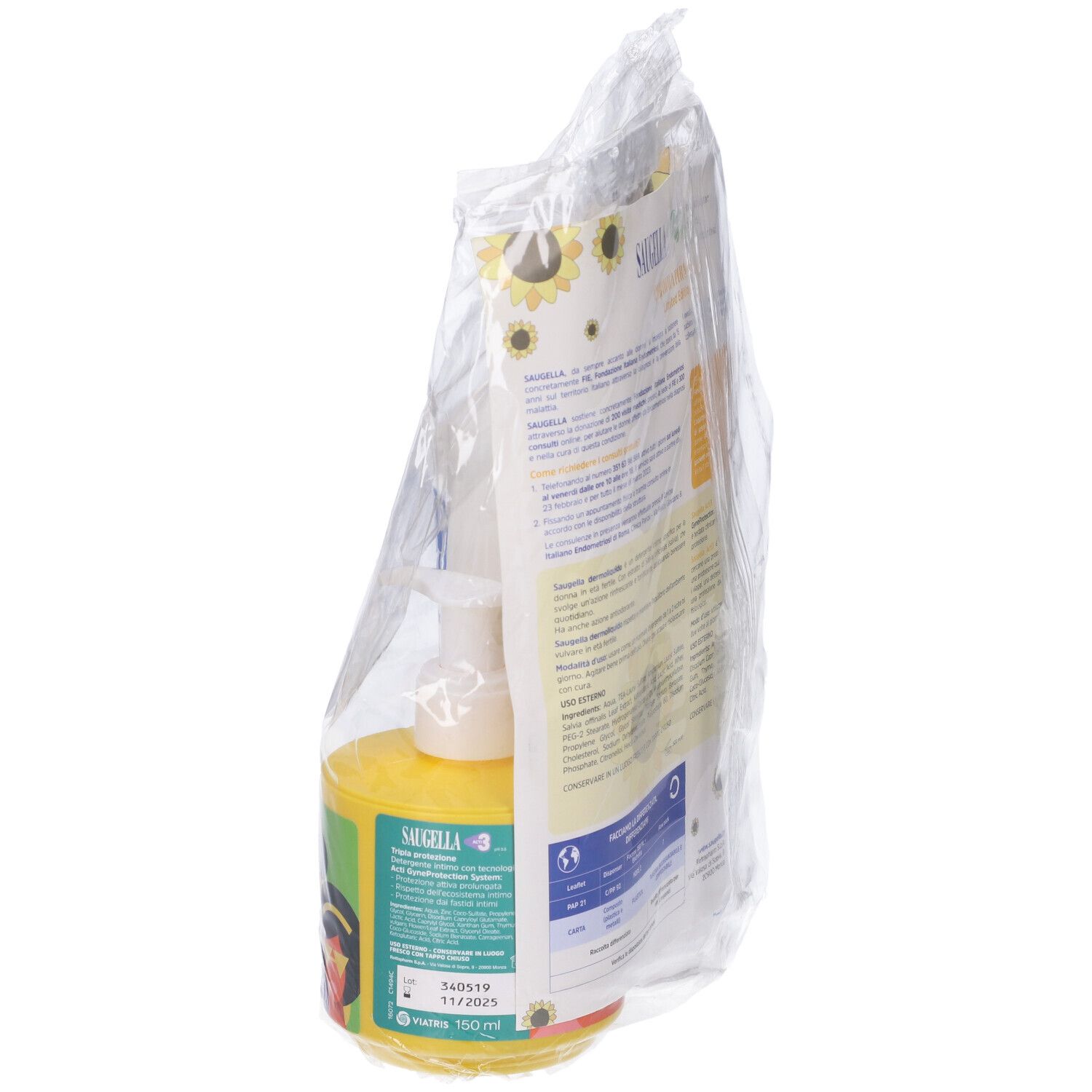 Set in confezione trasparente. Flacone giallo con dosatore e flacone bianco con etichetta blu. Marchio: Saugella.