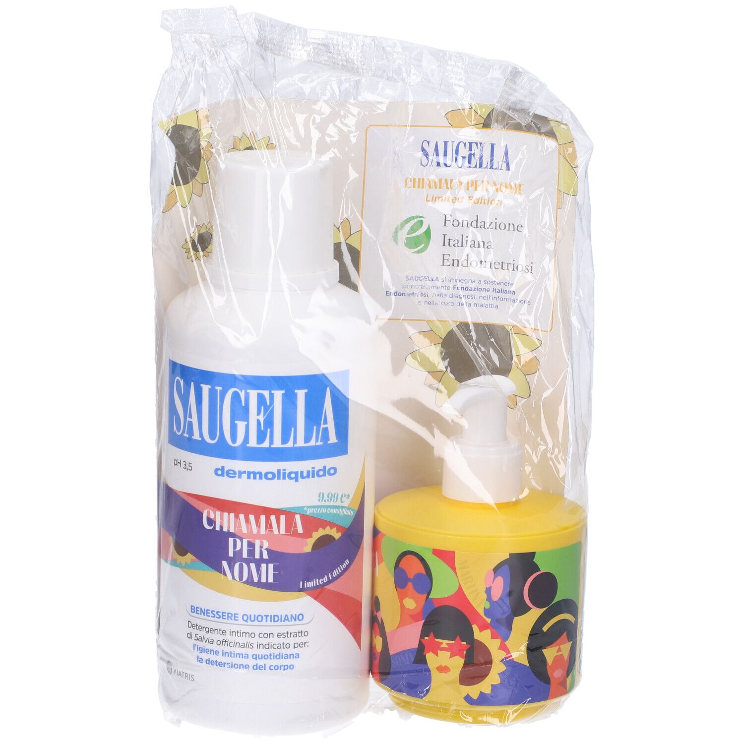 Set in confezione trasparente. Flacone bianco con etichetta blu e flacone giallo con dosatore. Marchio: Saugella.