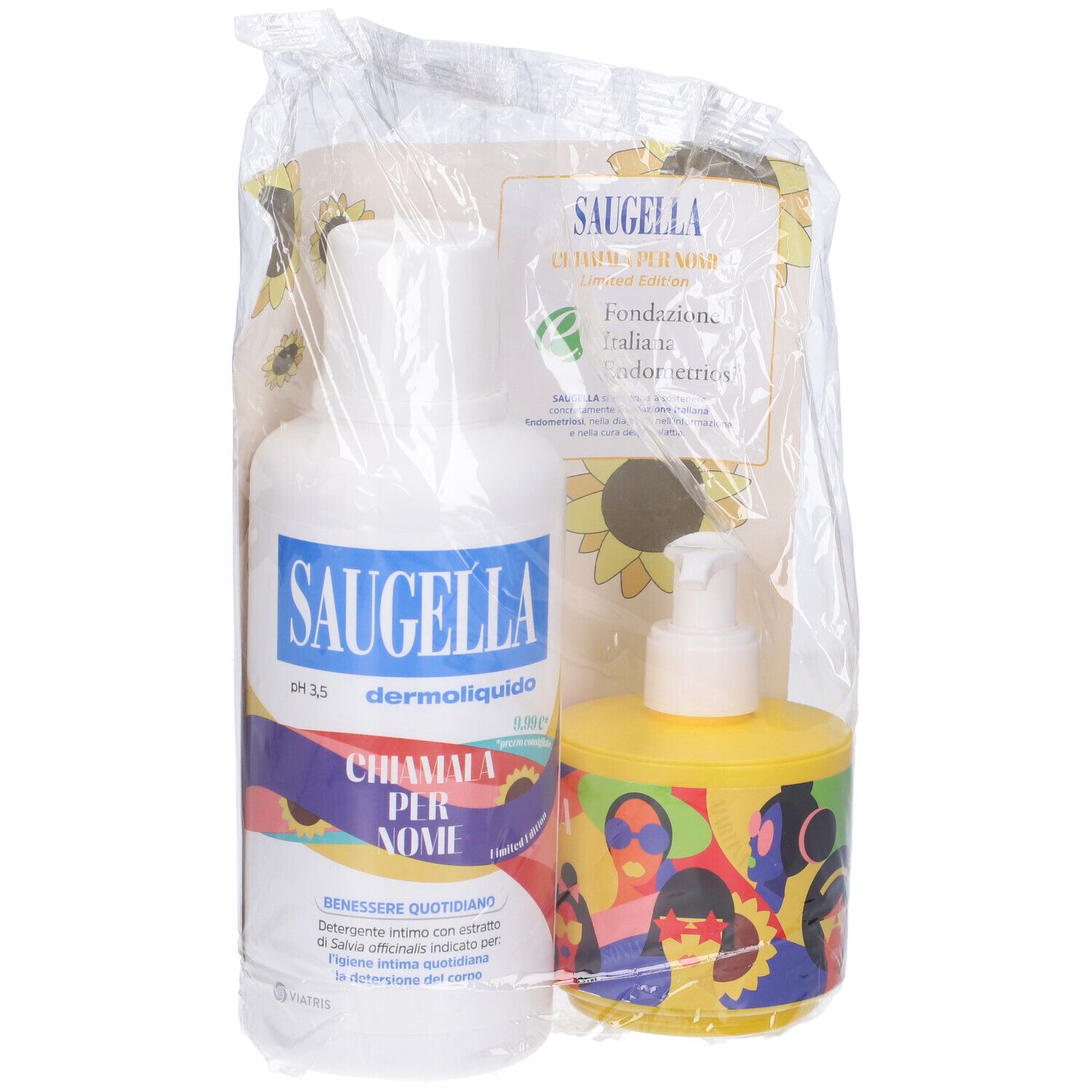 Set in confezione trasparente. Flacone bianco con etichetta blu e flacone giallo con dosatore. Marchio: Saugella.