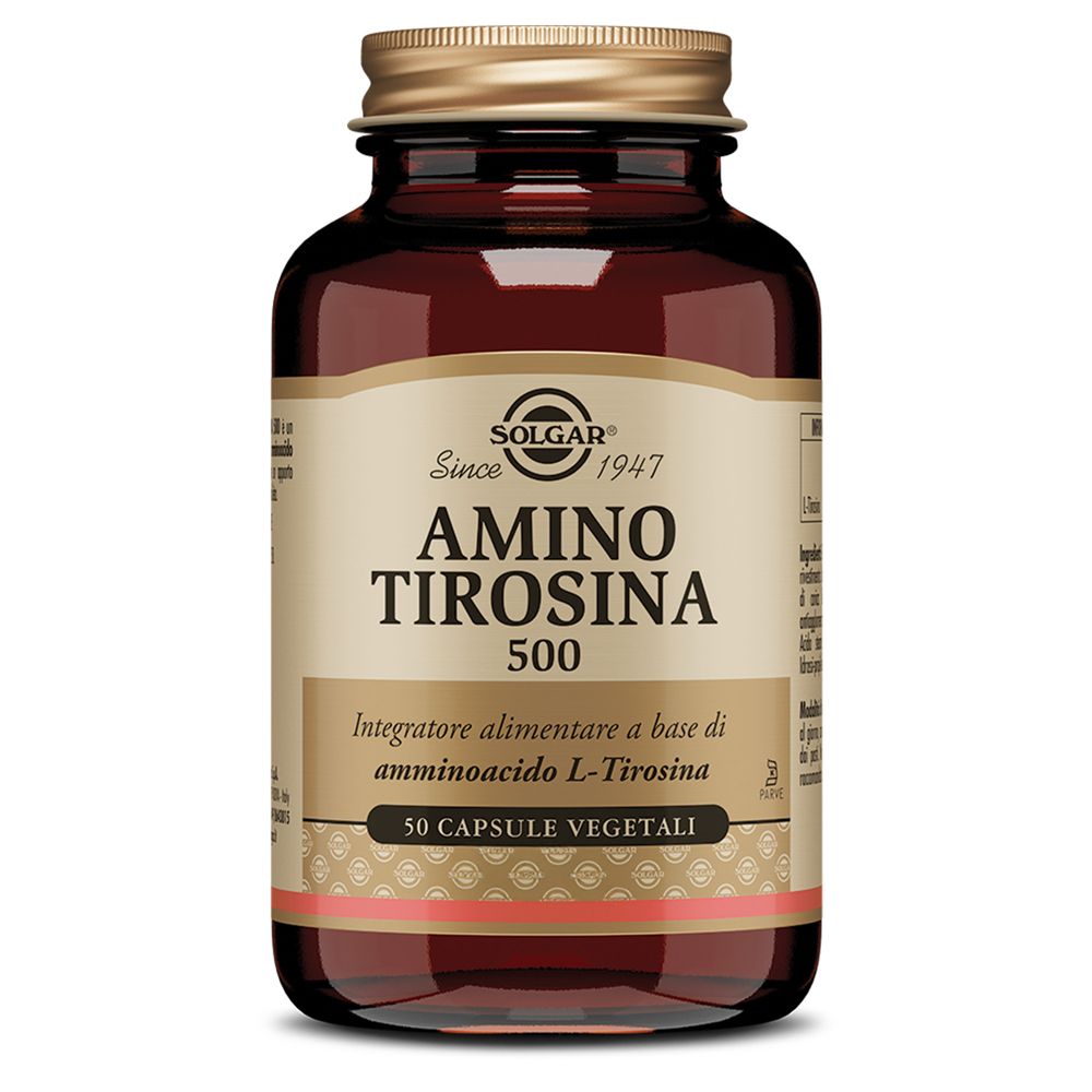 Flacone di vetro marrone con tappo dorato. Etichetta: AMINO TIROSINA 500, 50 capsule. Marchio: SOLGAR.