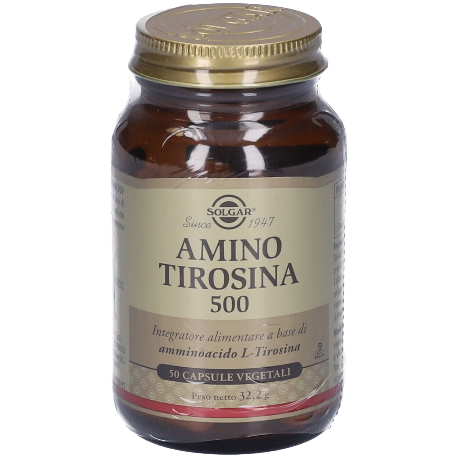 Flacone di vetro marrone con tappo dorato. Etichetta: AMINO TIROSINA 500, 50 capsule. Marchio: SOLGAR. Peso: 32,2g.
