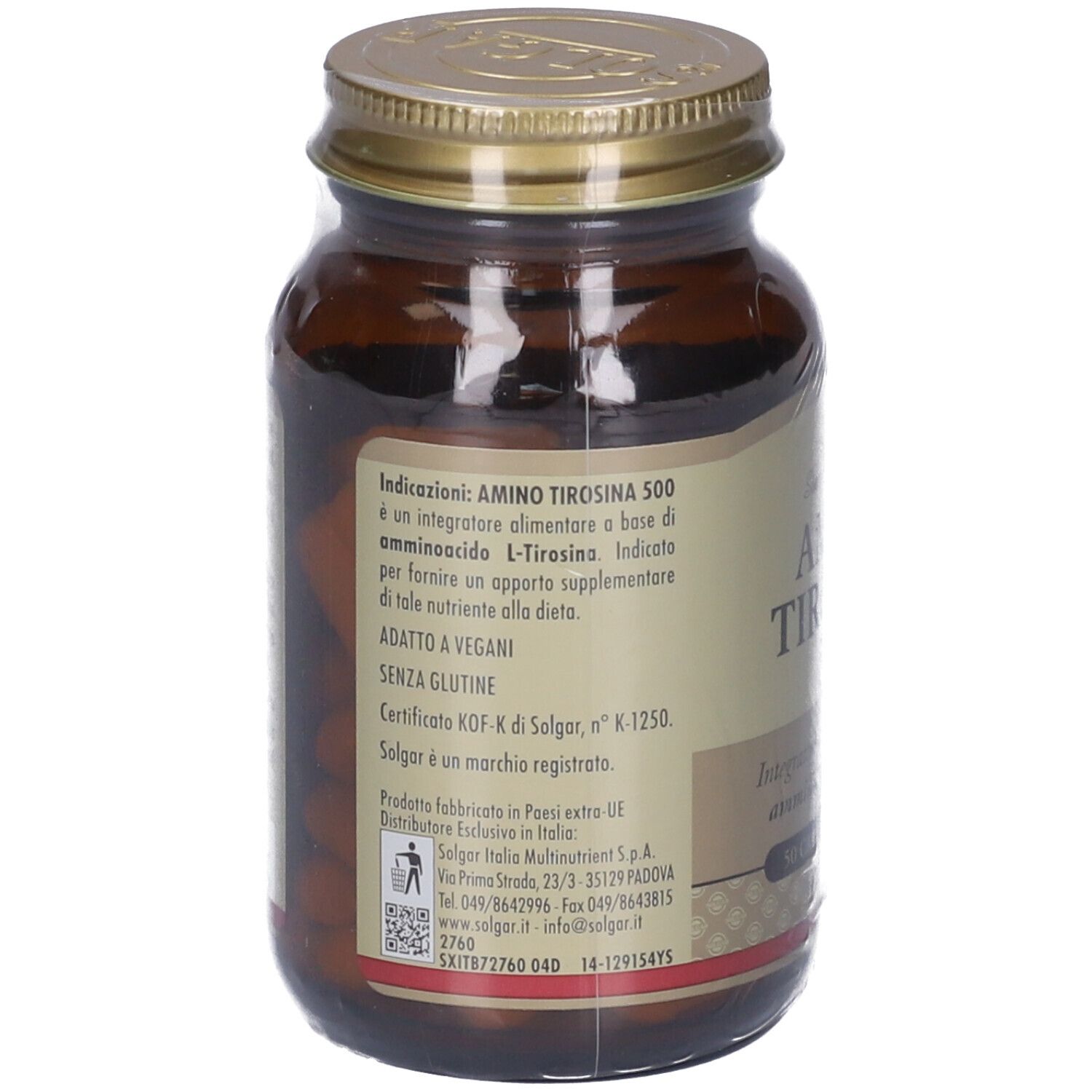 Retro di un flacone di vetro marrone con tappo dorato. Etichetta con testo: AMINO TIROSINA 500, vegano, senza glutine, informazioni produttore.