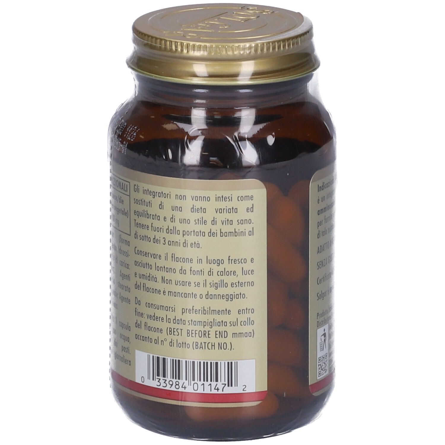 Retro di un flacone di vetro marrone con tappo dorato. Etichetta con testo e numero di lotto. Contiene capsule.