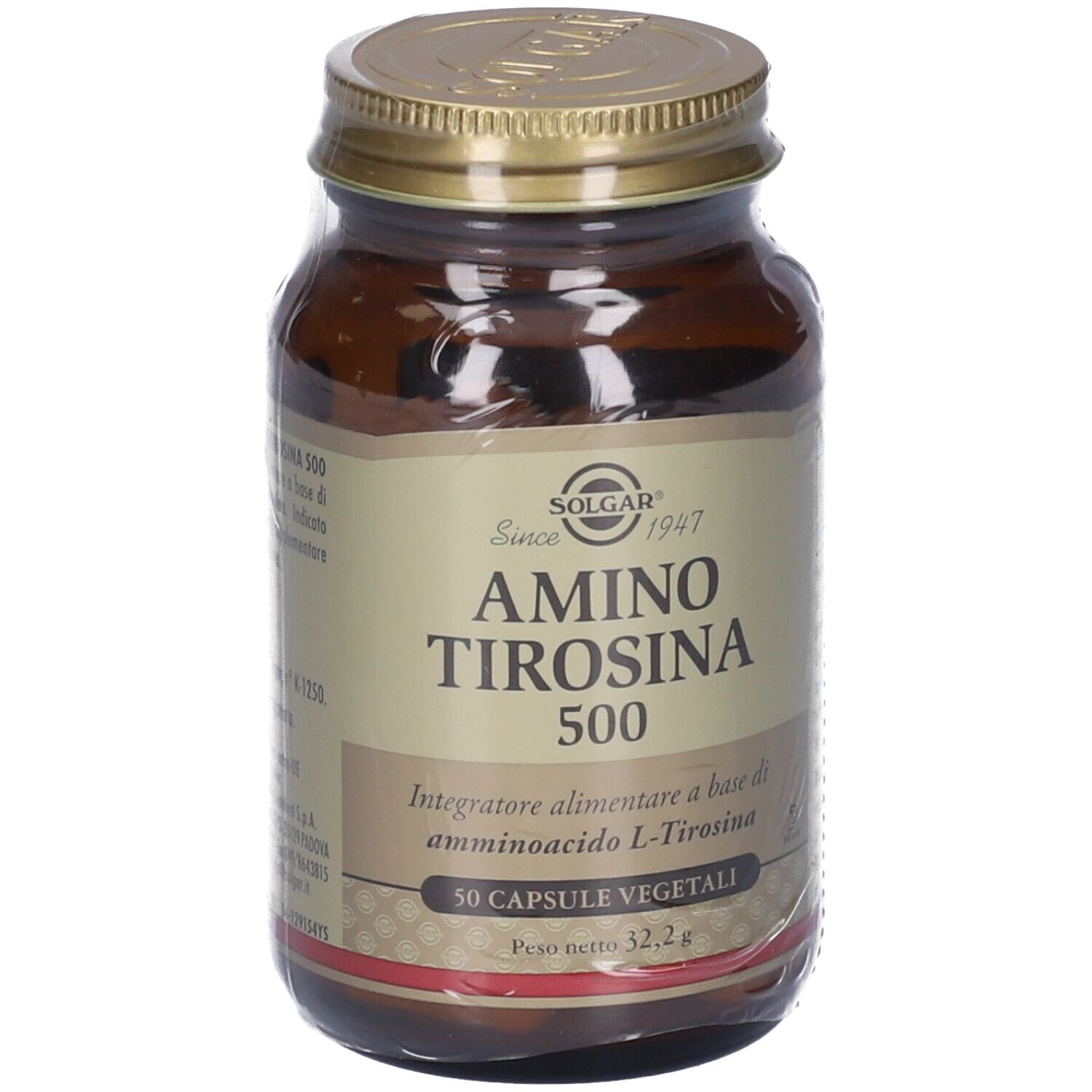 Flacone di vetro marrone con tappo dorato, avvolto in plastica. Etichetta: AMINO TIROSINA 500, 50 capsule. Marchio: SOLGAR.