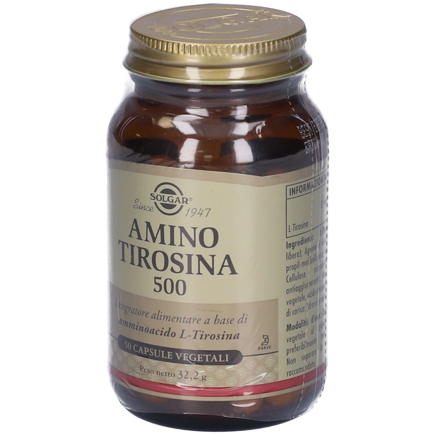 Flacone di vetro marrone con tappo dorato. Etichetta: AMINO TIROSINA 500, 50 capsule. Marchio: SOLGAR. Peso: 32,2g. Parzialmente trasparente.