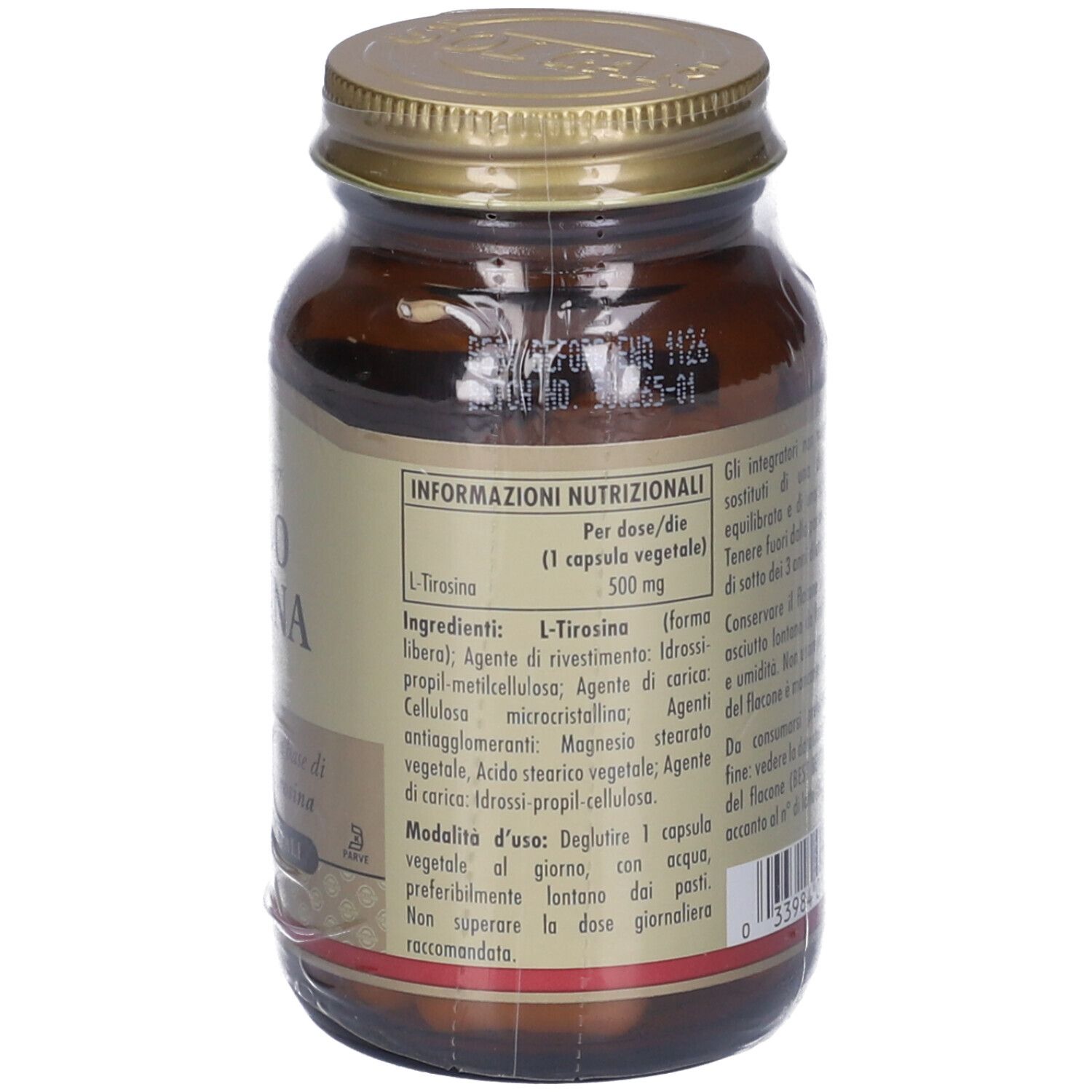 Retro di un flacone di vetro marrone con tappo dorato. Etichetta con informazioni nutrizionali e ingredienti. Contiene capsule.