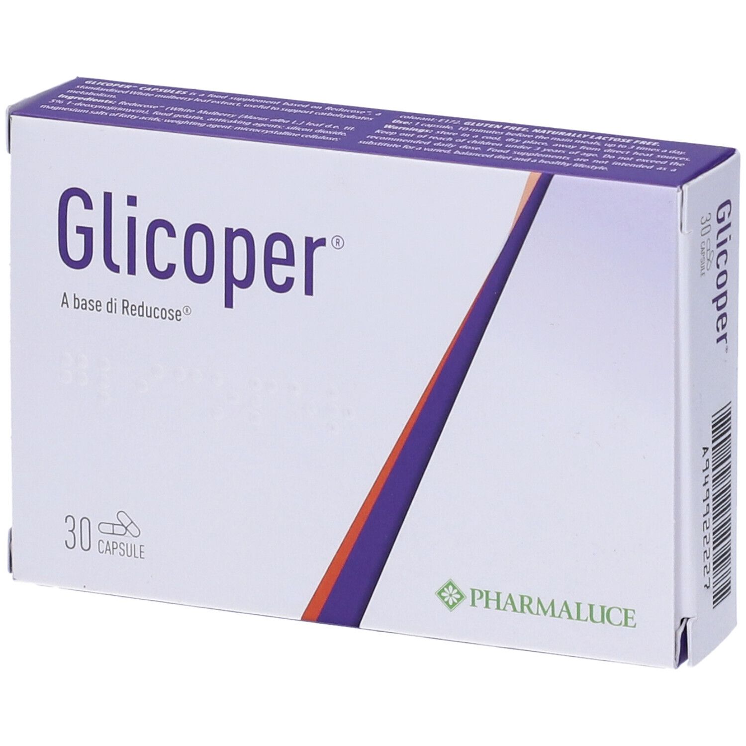 Scatola "Glicoper" con 30 capsule. Strisce diagonali viola e arancioni. Logo "Pharmaluce".