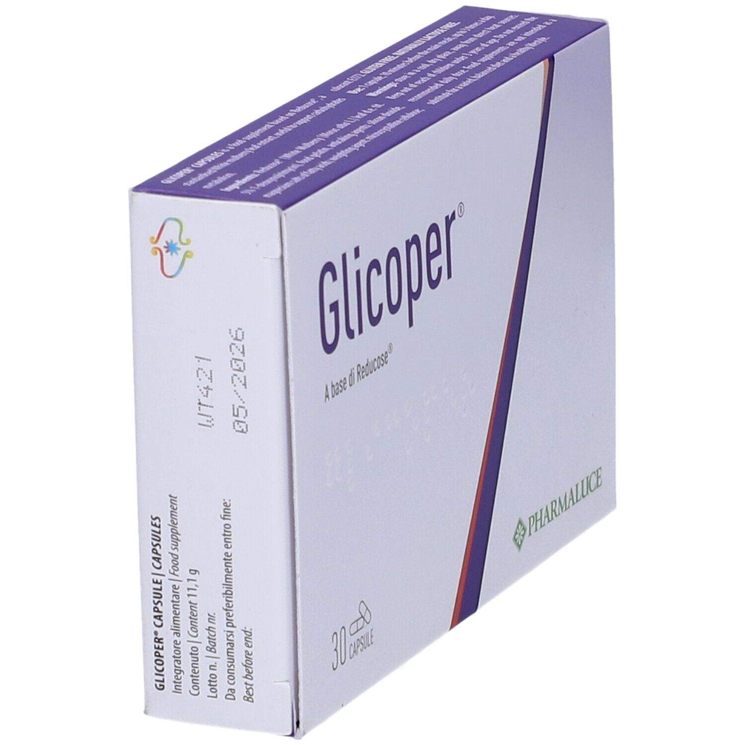 Scatola "Glicoper" con 30 capsule. Vista laterale. Stampa con data di scadenza e numero di lotto.