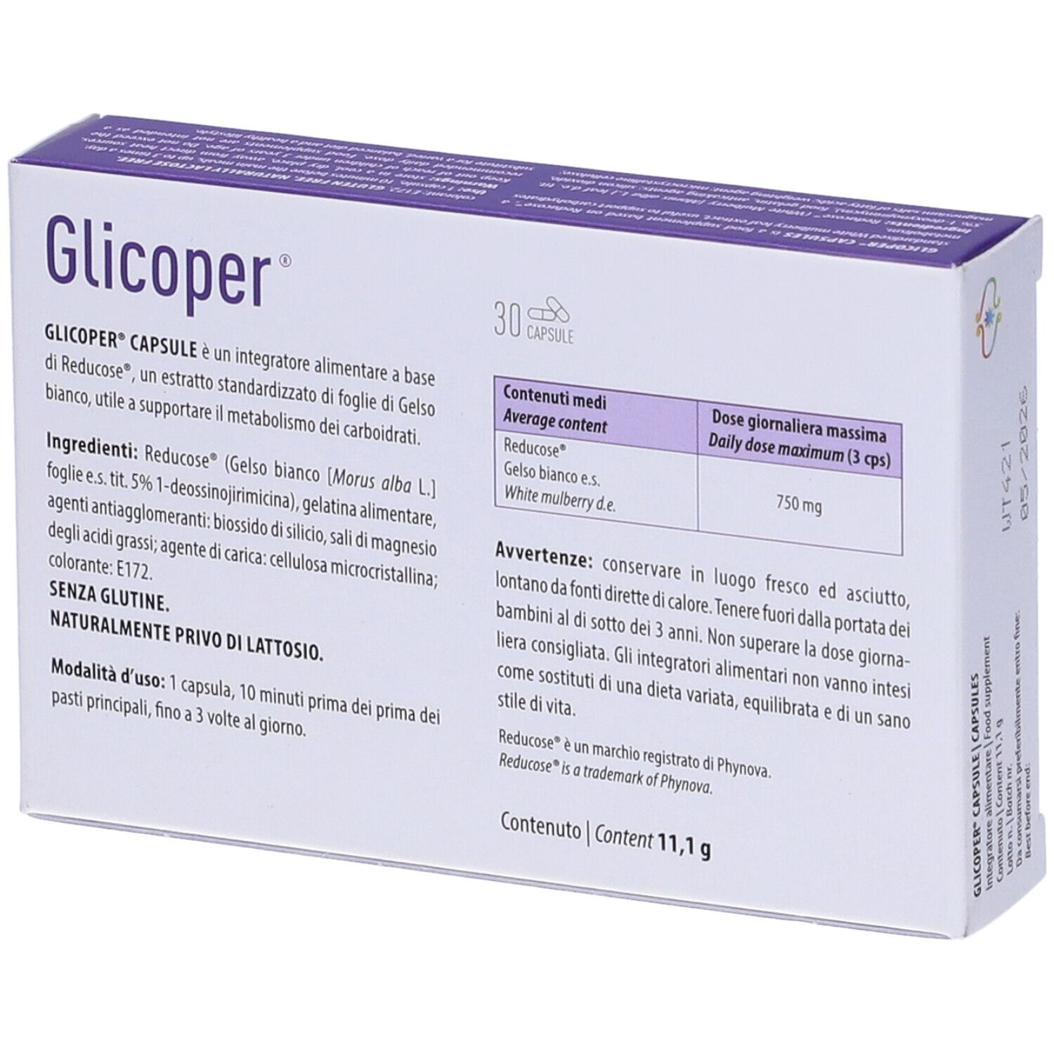 Retro della scatola "Glicoper" con informazioni, ingredienti e istruzioni per l'uso. 30 capsule.
